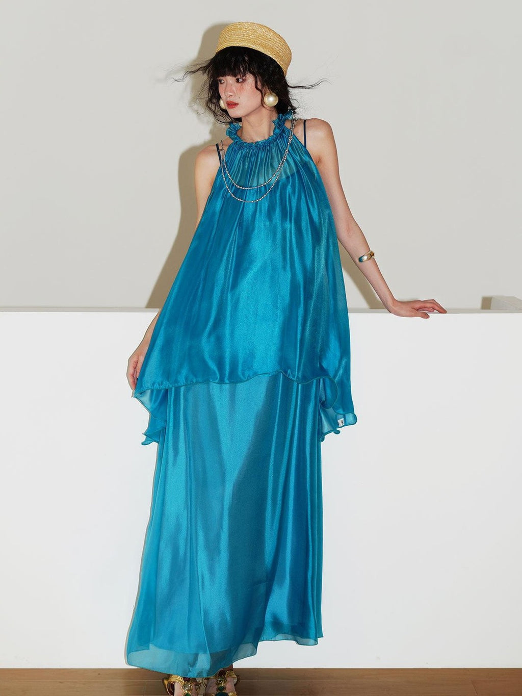 badtaste Flowing Pearlescent Strappy Puff Skirt Women's Tulle Slip Maxi Dresses