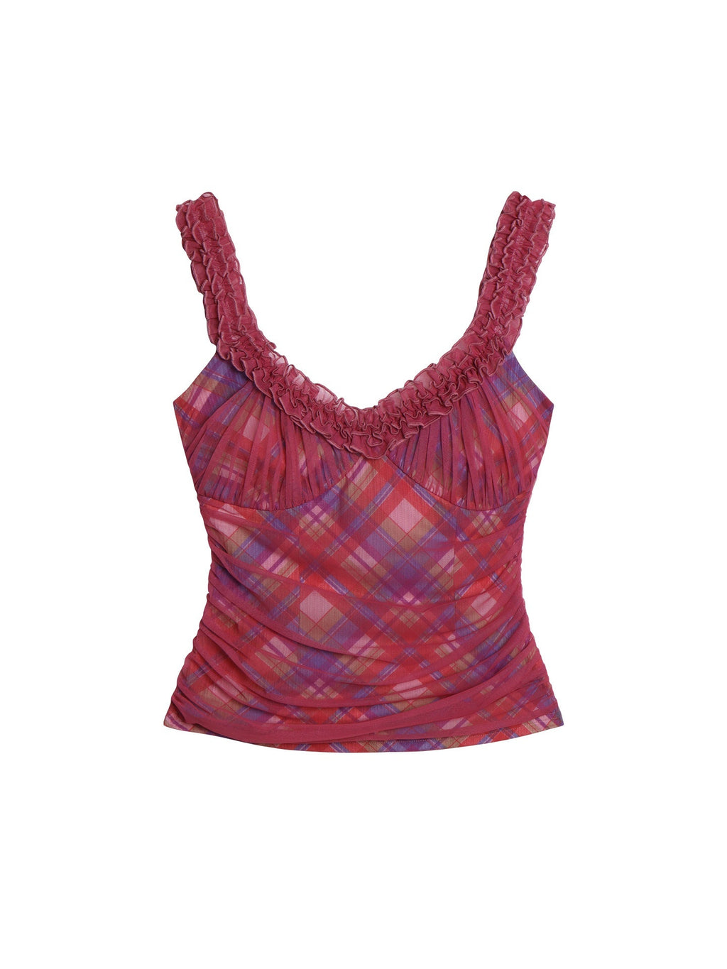 badtaste_Gingham_Pintuck_Ruffle_V-neck_Slim_Fit_Women's_Mesh_Tank_Tops_1057935113336_MISSTT