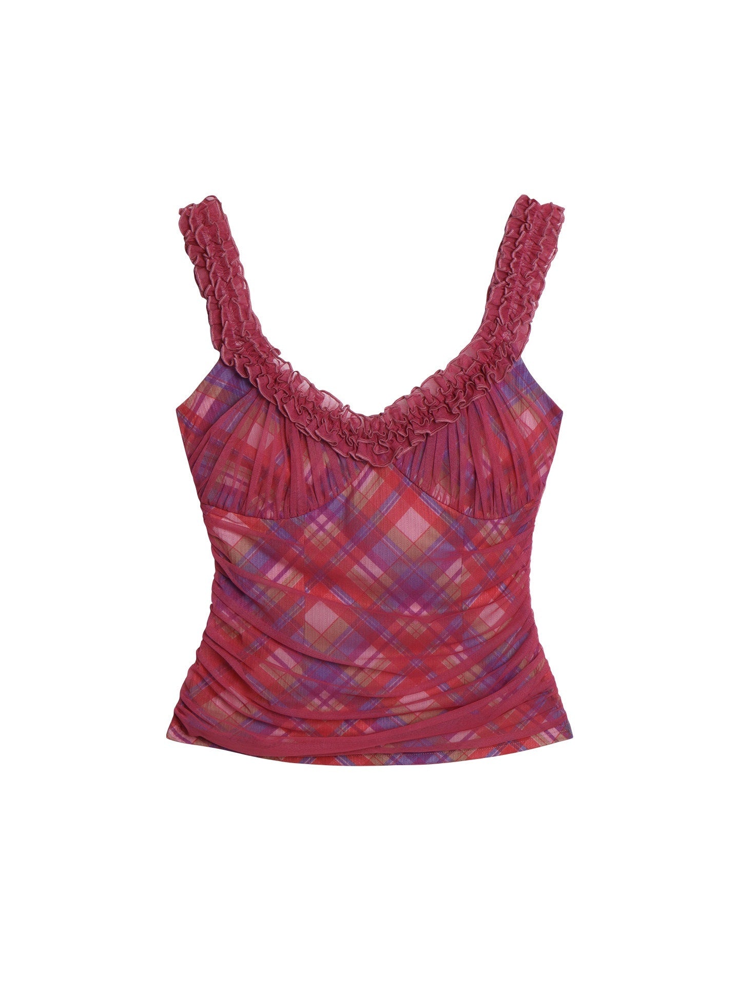 badtaste_Gingham_Pintuck_Ruffle_V-neck_Slim_Fit_Women's_Mesh_Tank_Tops_1057935113336_MISSTT