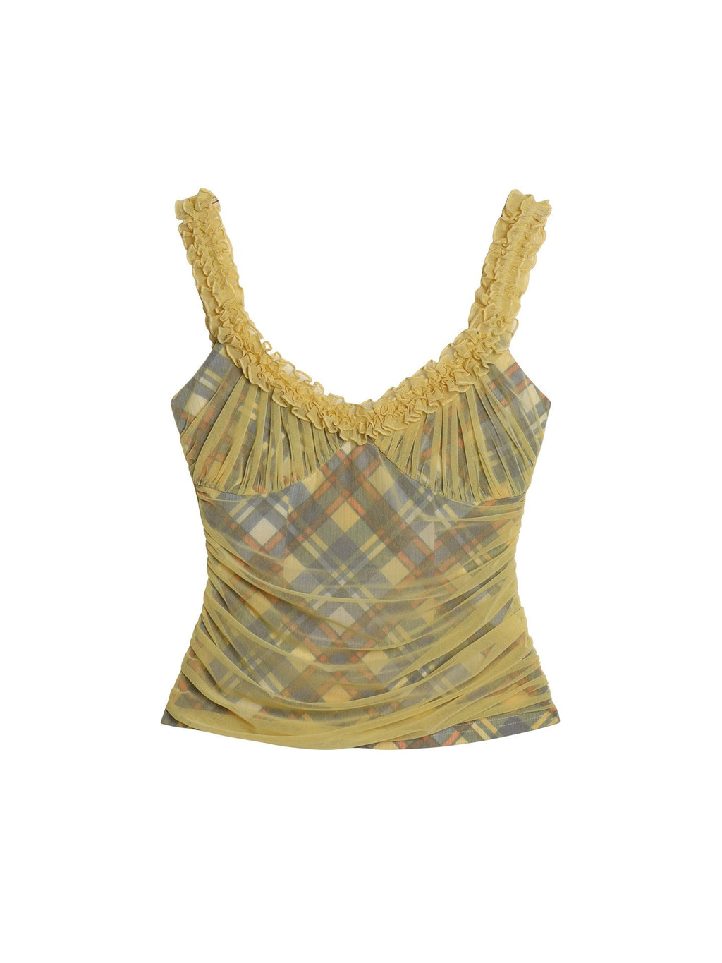 badtaste_Gingham_Pintuck_Ruffle_V-neck_Slim_Fit_Women's_Mesh_Tank_Tops_1057935113336_MISSTT