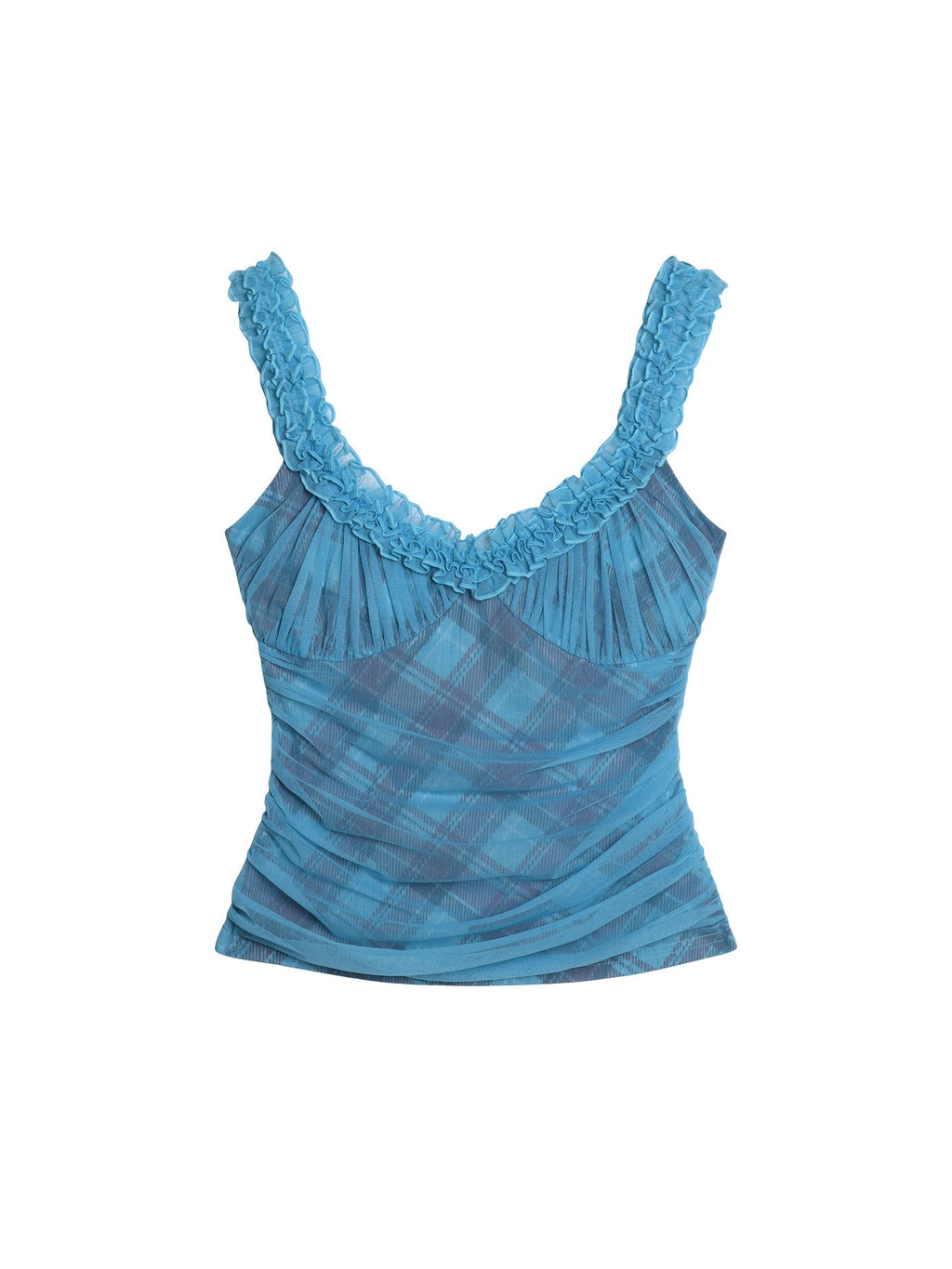 badtaste_Gingham_Pintuck_Ruffle_V-neck_Slim_Fit_Women's_Mesh_Tank_Tops_1057935113336_MISSTT
