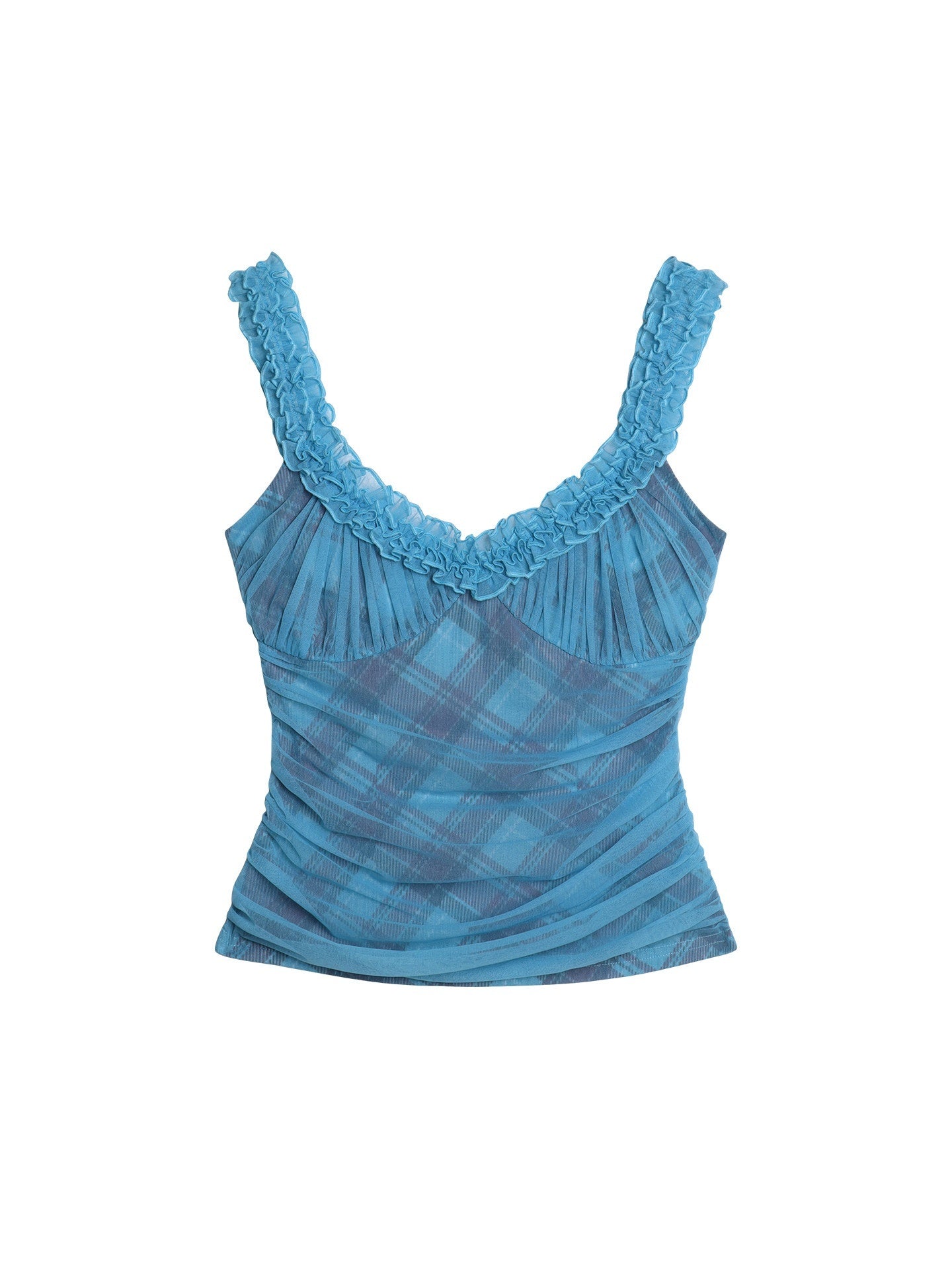 badtaste_Gingham_Pintuck_Ruffle_V-neck_Slim_Fit_Women's_Mesh_Tank_Tops_1057935113336_MISSTT