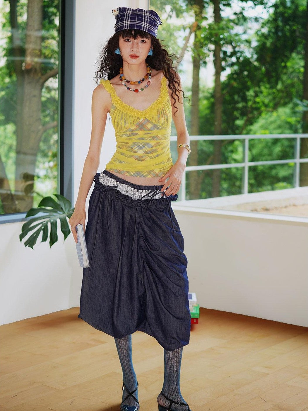 badtaste Gingham Pintuck Ruffle V-neck Slim Fit Women's Mesh Tank Tops