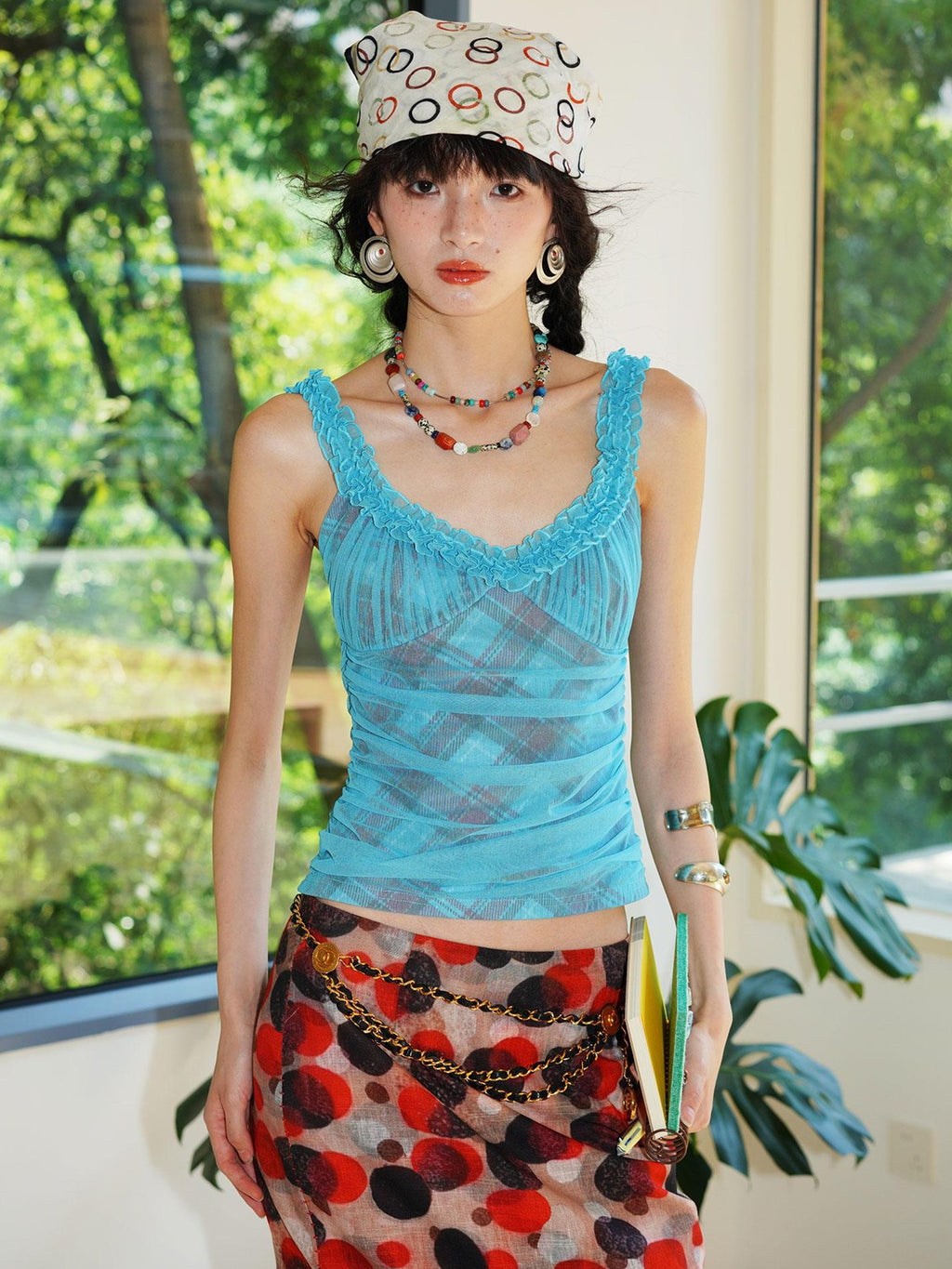 badtaste Gingham Pintuck Ruffle V-neck Slim Fit Women's Mesh Tank Tops