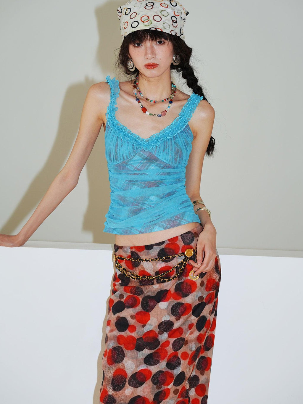 badtaste Gingham Pintuck Ruffle V-neck Slim Fit Women's Mesh Tank Tops