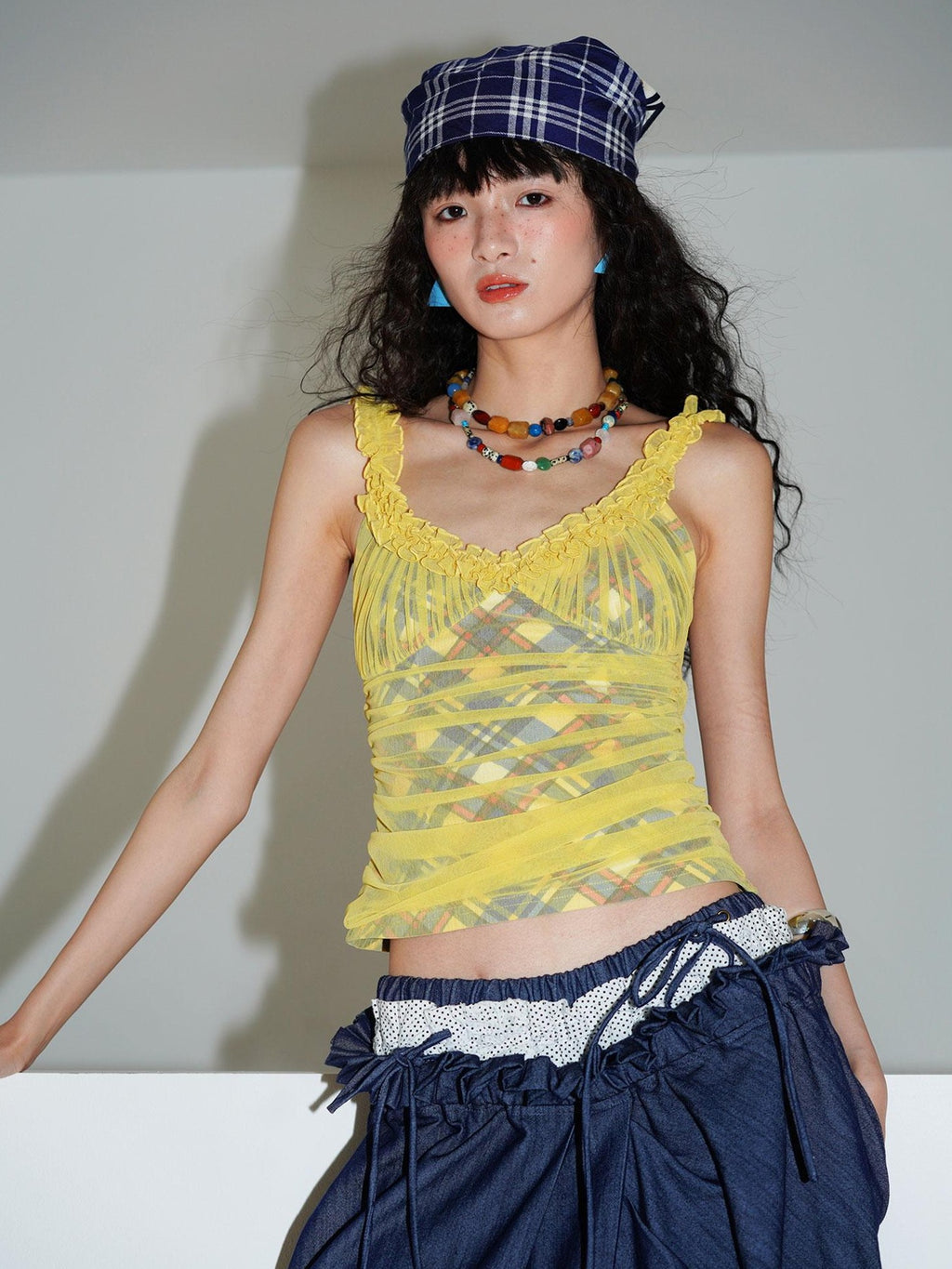 badtaste Gingham Pintuck Ruffle V-neck Slim Fit Women's Mesh Tank Tops