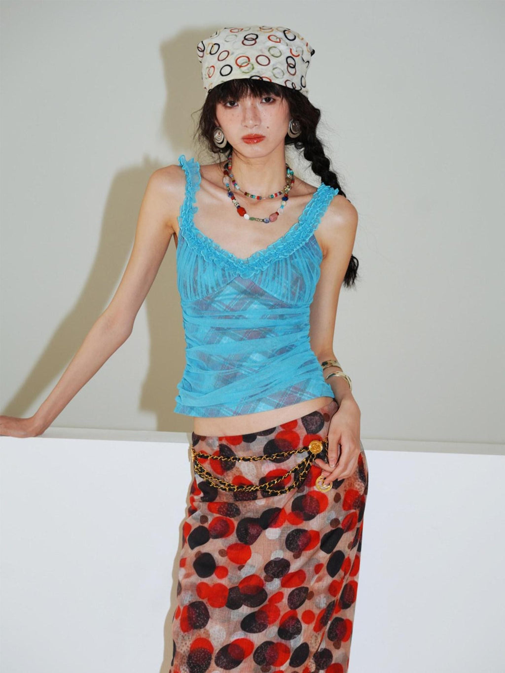 badtaste Gingham Pintuck Ruffle V-neck Slim Fit Women's Mesh Tank Tops