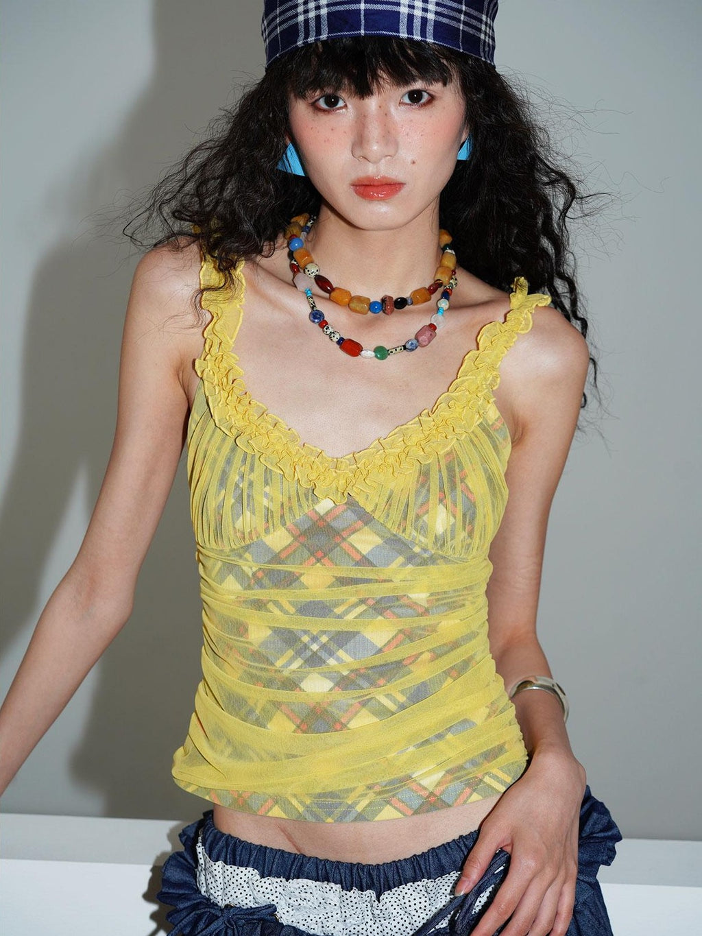 badtaste Gingham Pintuck Ruffle V-neck Slim Fit Women's Mesh Tank Tops