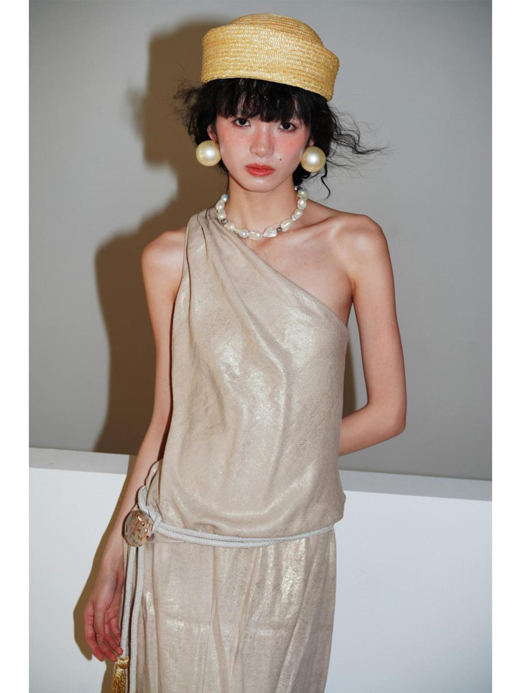 badtaste Gold One Shoulder Solid Women's Linen Ramie Halter Maxi Dresses