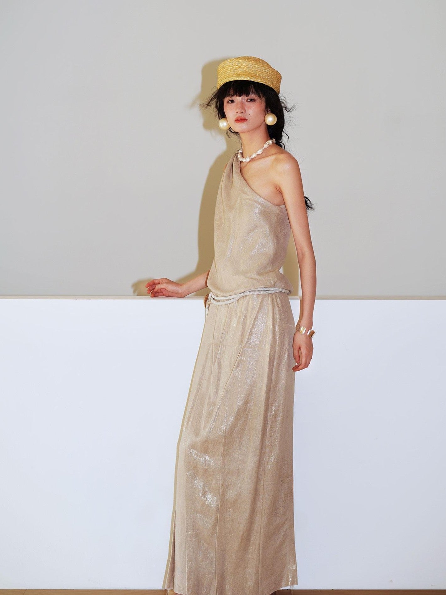 badtaste Gold One Shoulder Solid Women's Linen Ramie Halter Maxi Dresses