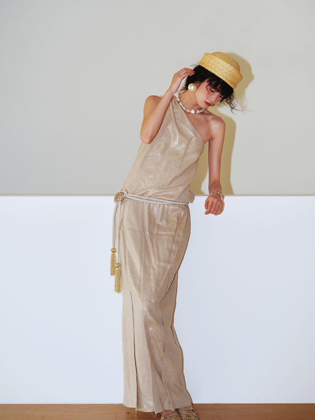 badtaste Gold One Shoulder Solid Women's Linen Ramie Halter Maxi Dresses