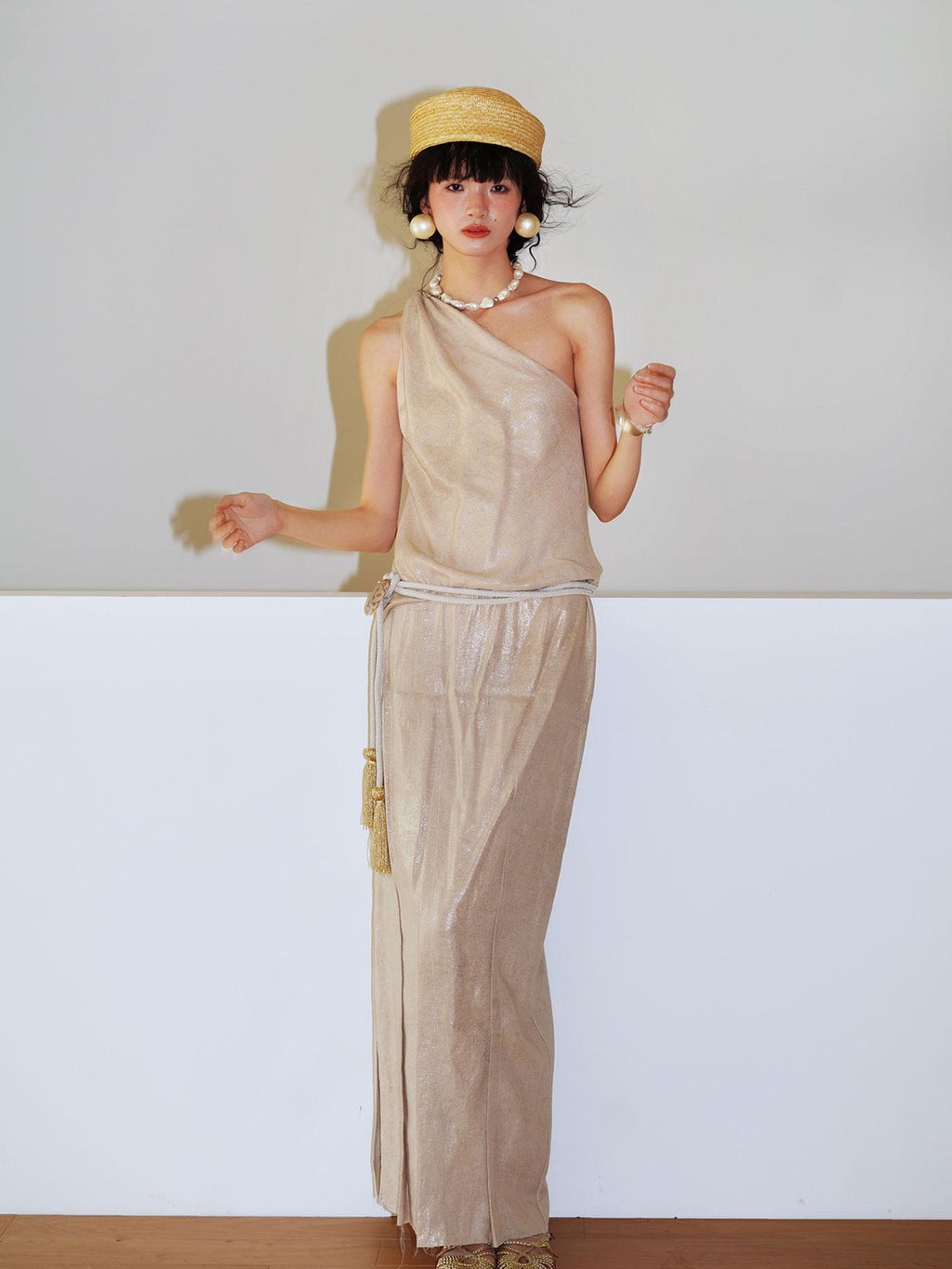 badtaste Gold One Shoulder Solid Women's Linen Ramie Halter Maxi Dresses
