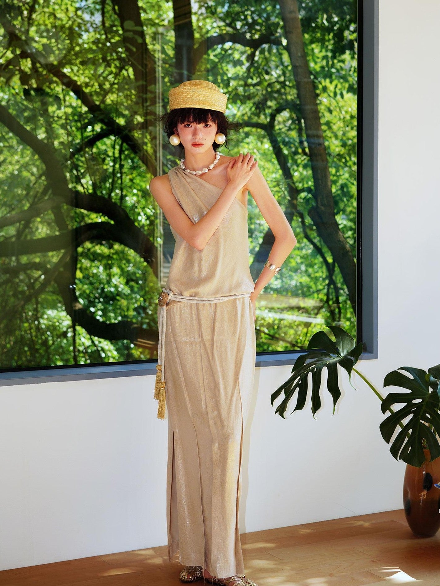 badtaste Gold One Shoulder Solid Women's Linen Ramie Halter Maxi Dresses