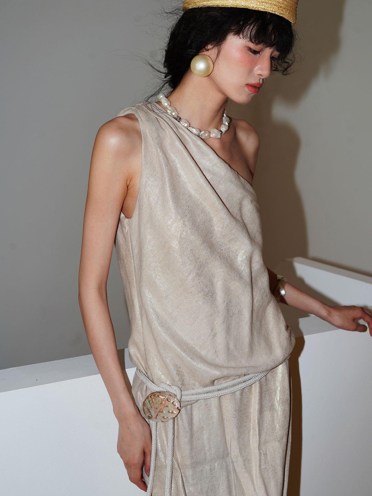 badtaste Gold One Shoulder Solid Women's Linen Ramie Halter Maxi Dresses