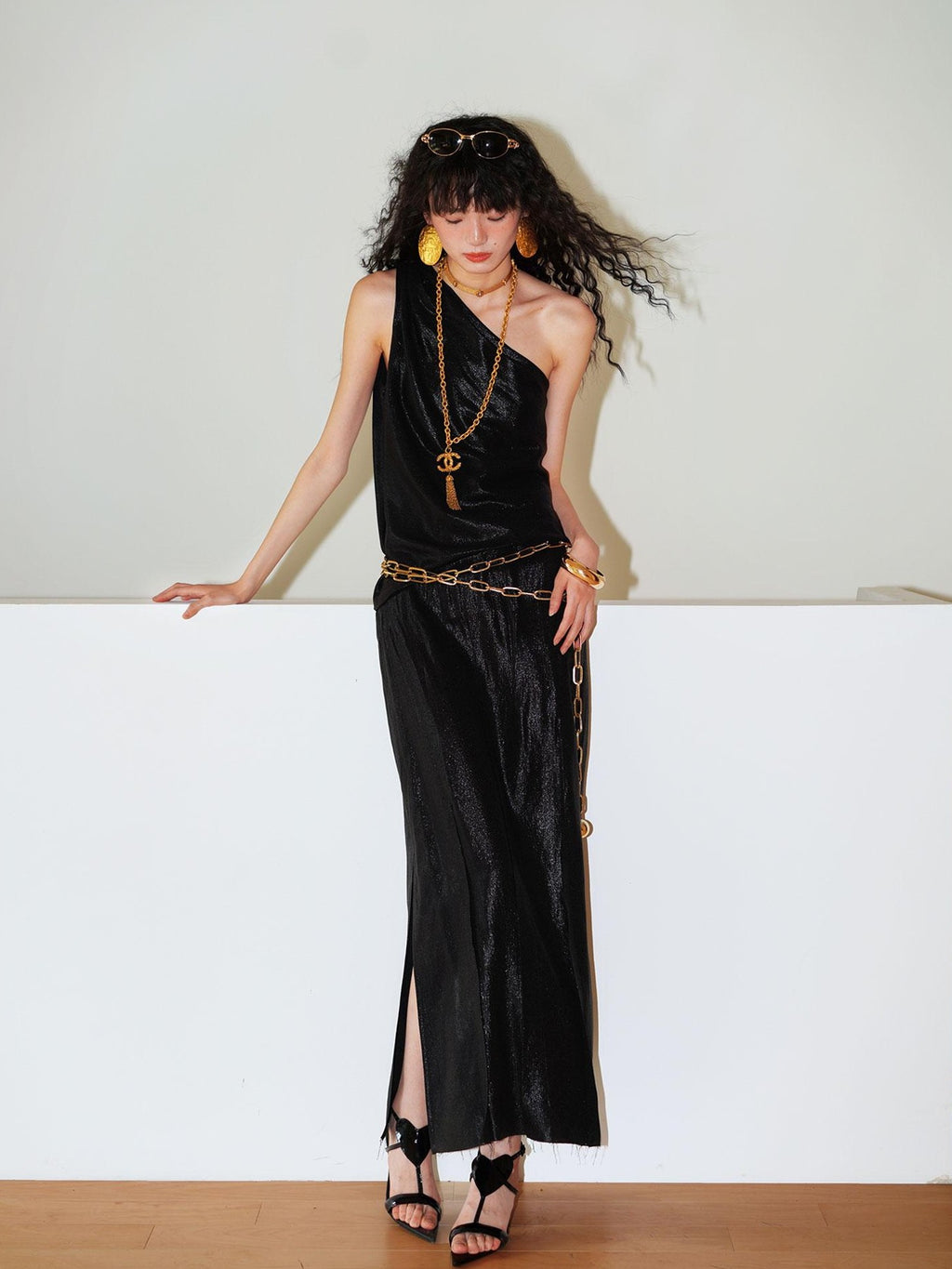 badtaste Gold One Shoulder Solid Women's Linen Ramie Halter Maxi Dresses