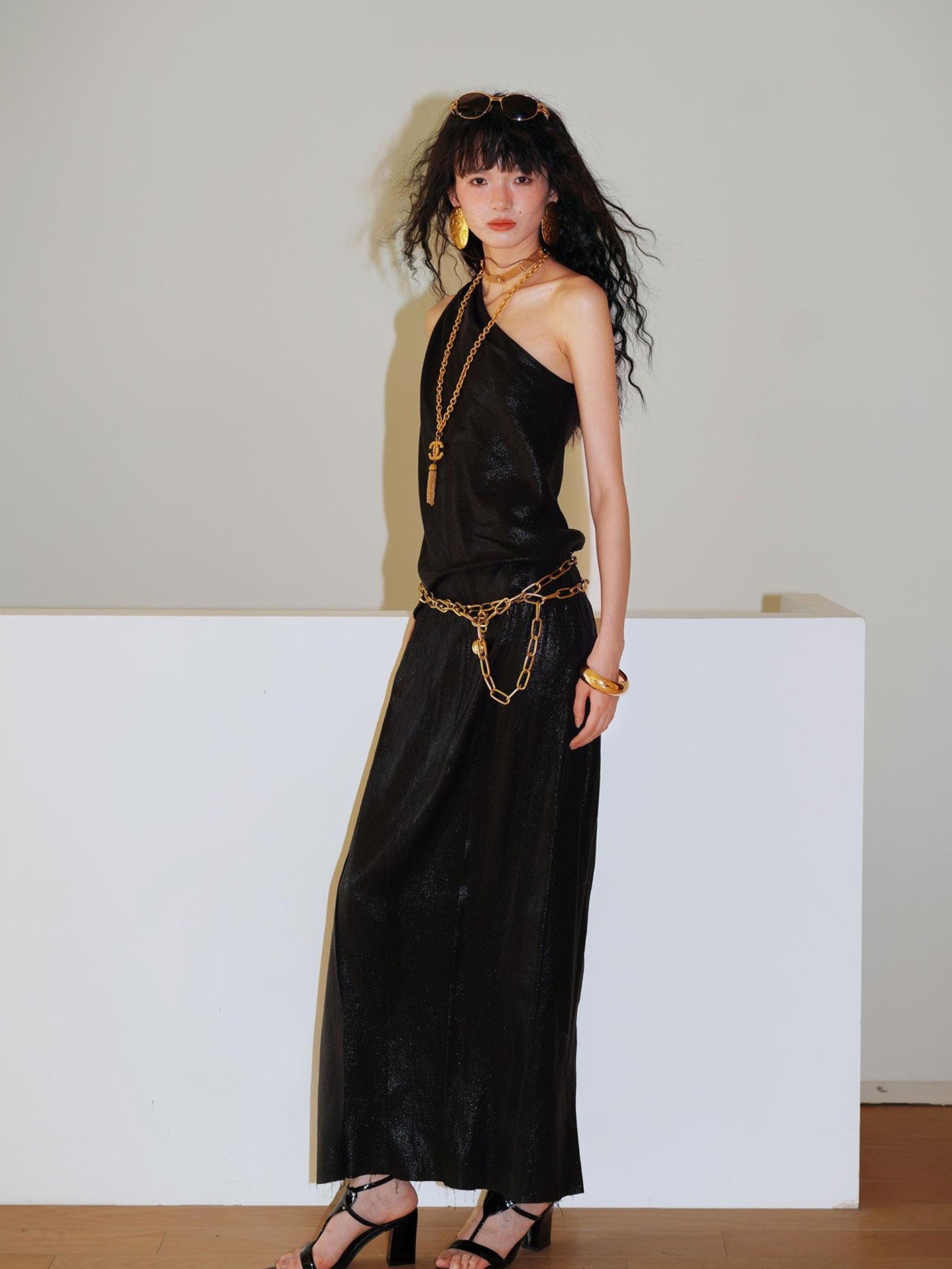 badtaste Gold One Shoulder Solid Women's Linen Ramie Halter Maxi Dresses