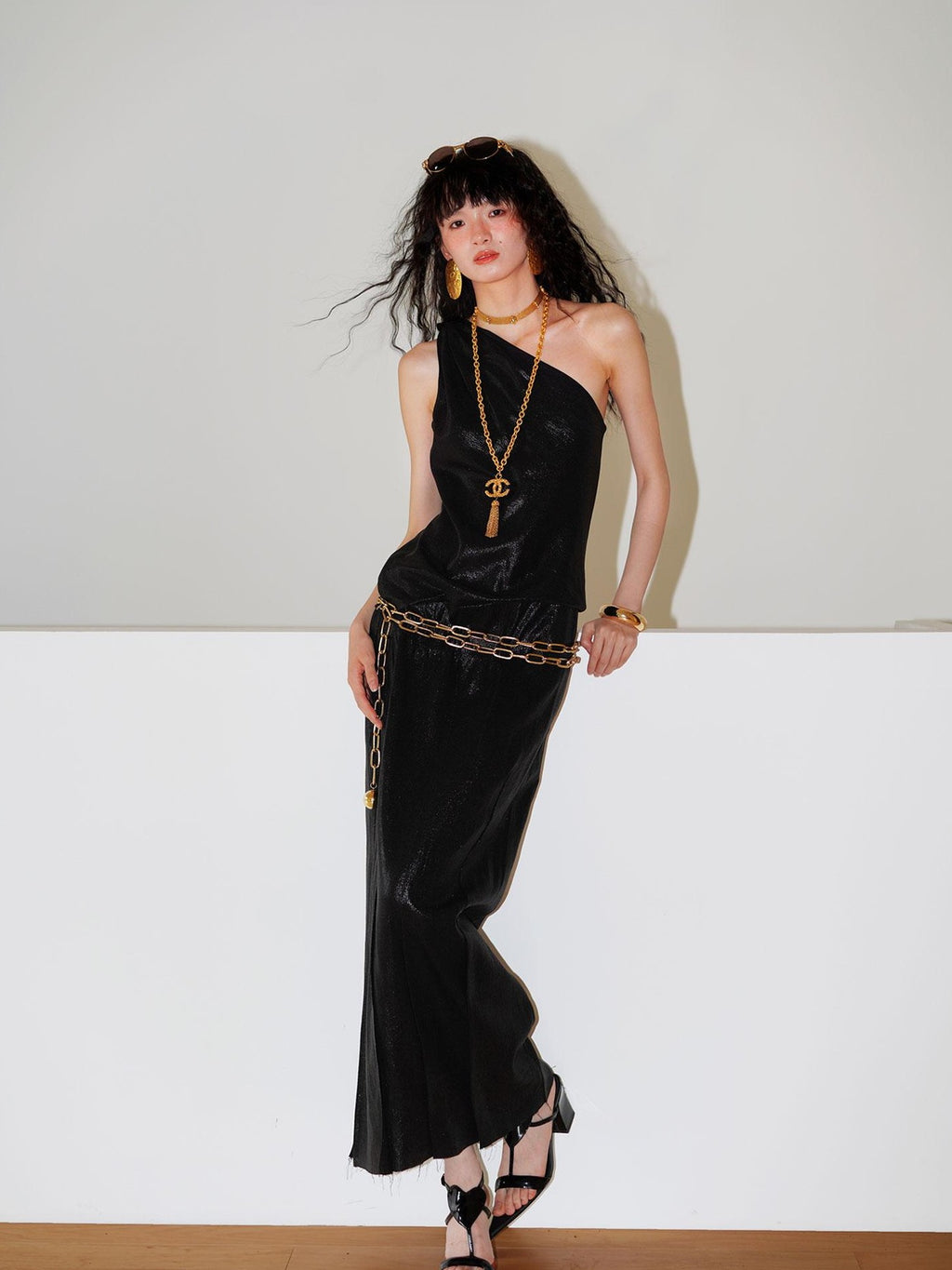 badtaste Gold One Shoulder Solid Women's Linen Ramie Halter Maxi Dresses
