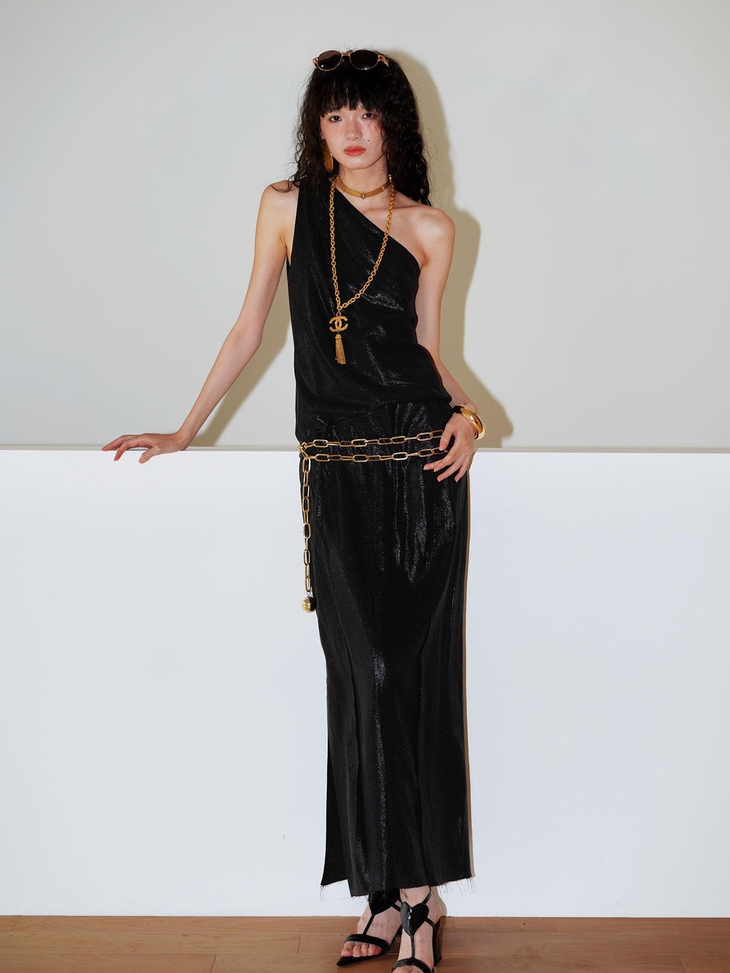 badtaste Gold One Shoulder Solid Women's Linen Ramie Halter Maxi Dresses