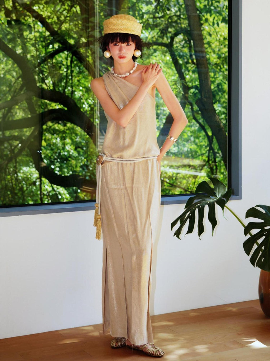 badtaste Gold One Shoulder Solid Women's Linen Ramie Halter Maxi Dresses
