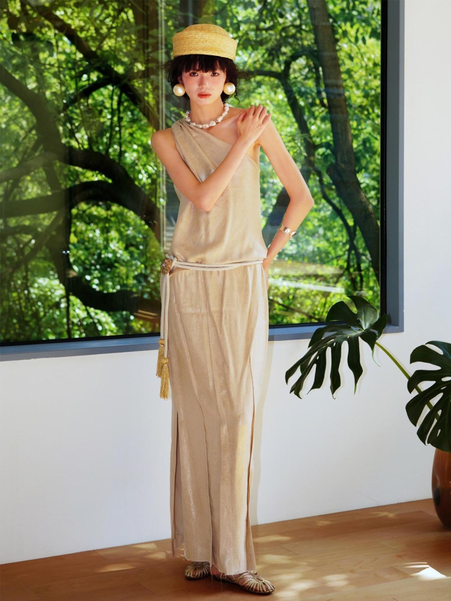 badtaste Gold One Shoulder Solid Women's Linen Ramie Halter Maxi Dresses