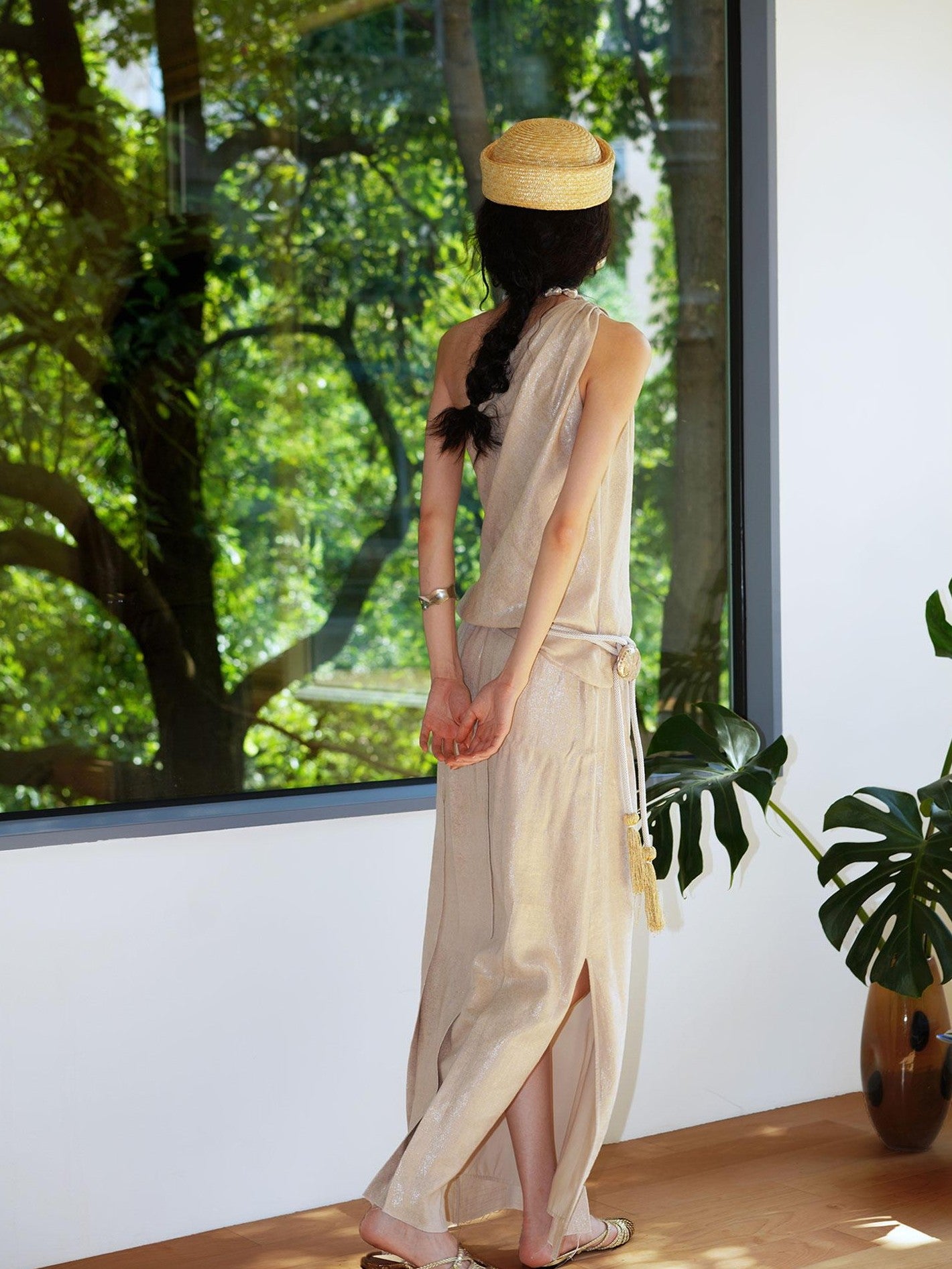 badtaste Gold One Shoulder Solid Women's Linen Ramie Halter Maxi Dresses