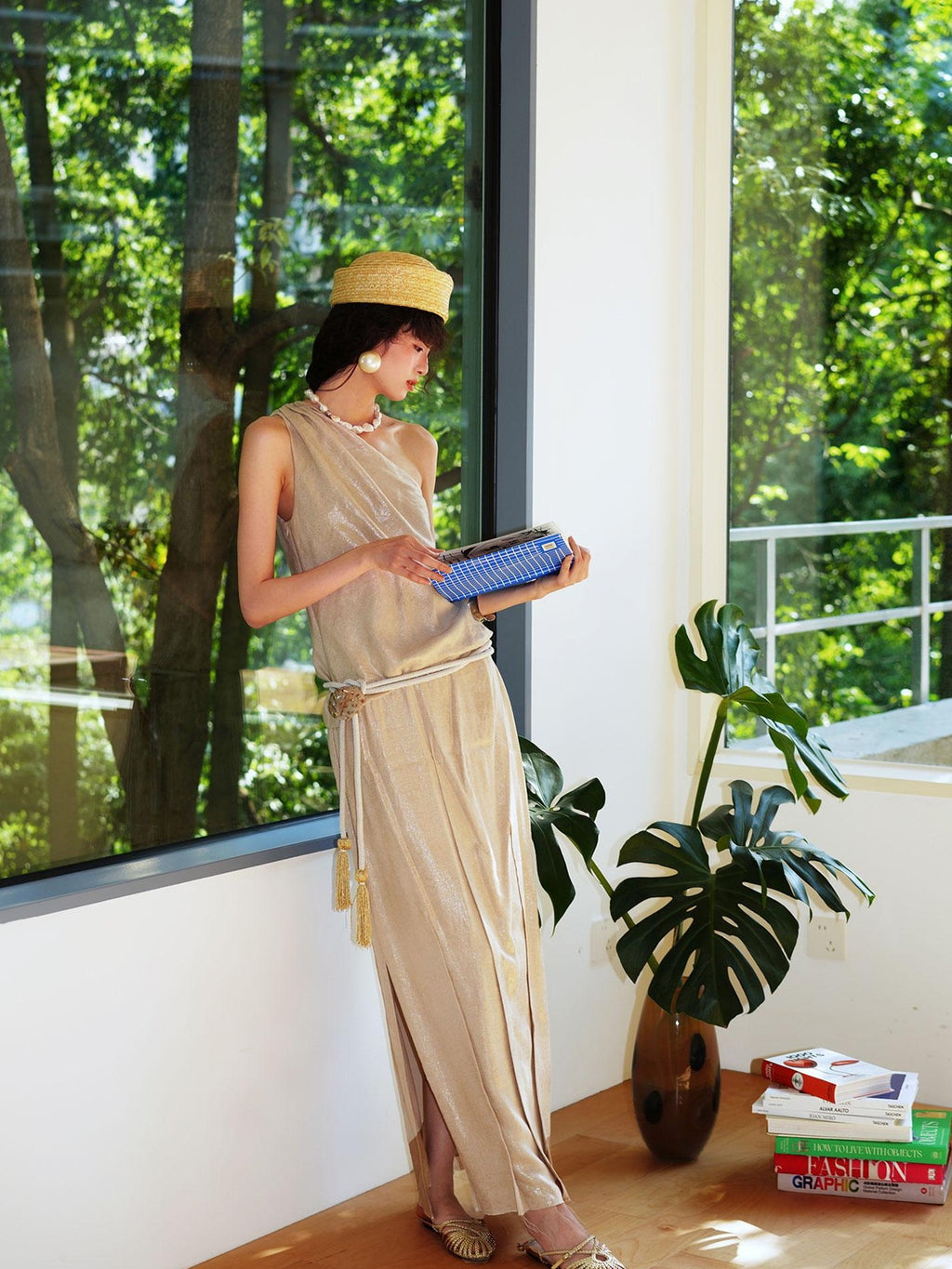 badtaste Gold One Shoulder Solid Women's Linen Ramie Halter Maxi Dresses