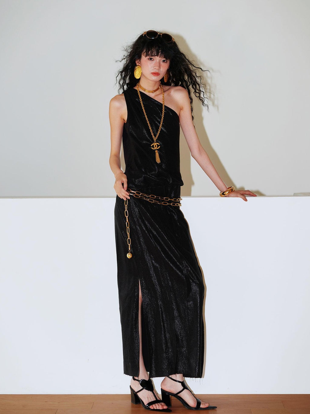 badtaste Gold One Shoulder Solid Women's Linen Ramie Halter Maxi Dresses