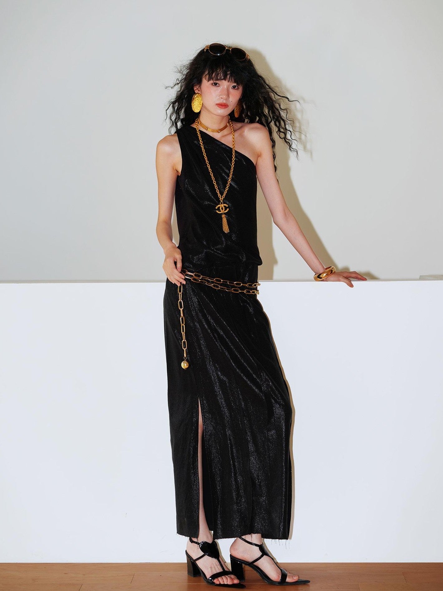 badtaste Gold One Shoulder Solid Women's Linen Ramie Halter Maxi Dresses