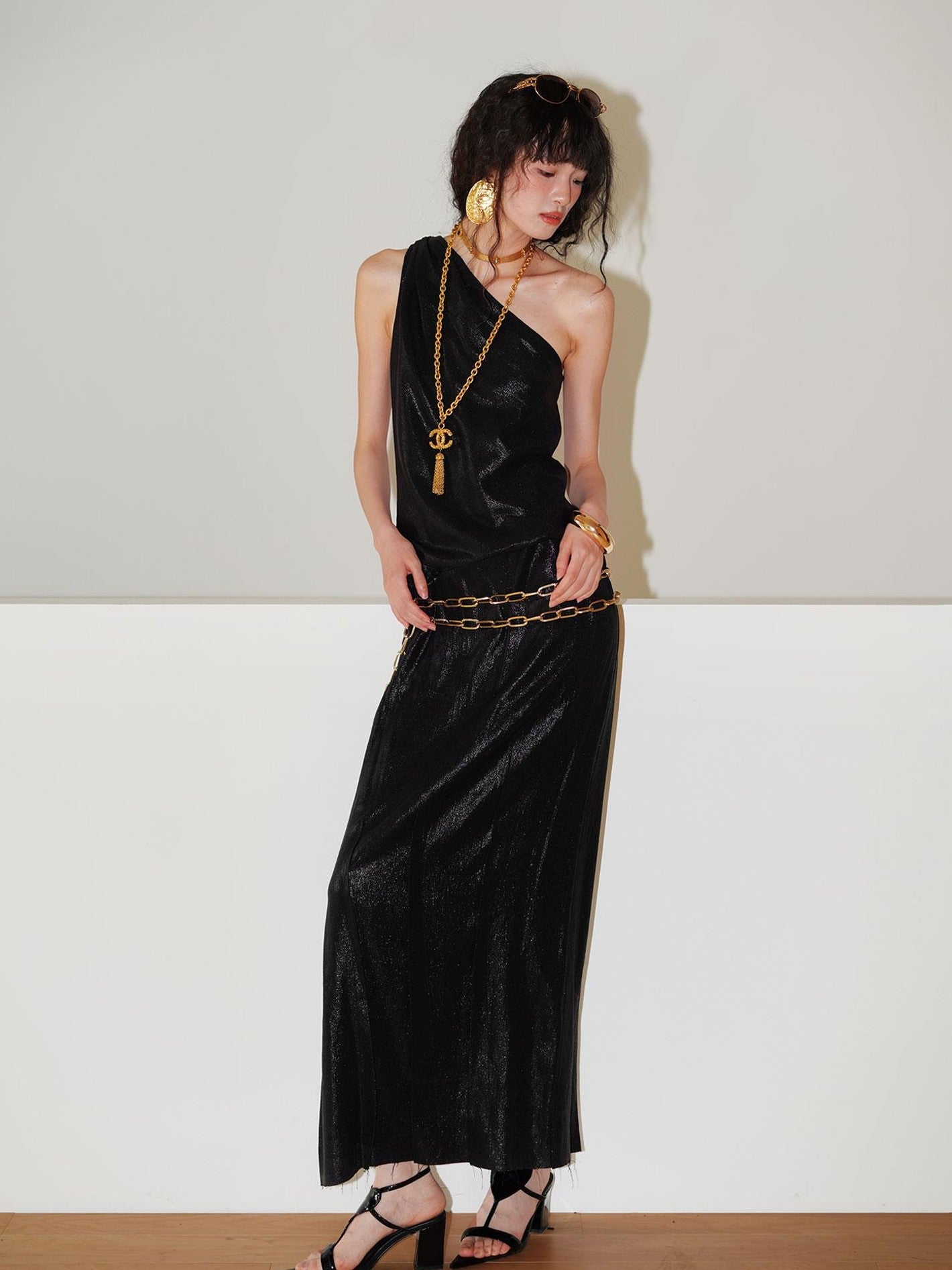 badtaste Gold One Shoulder Solid Women's Linen Ramie Halter Maxi Dresses