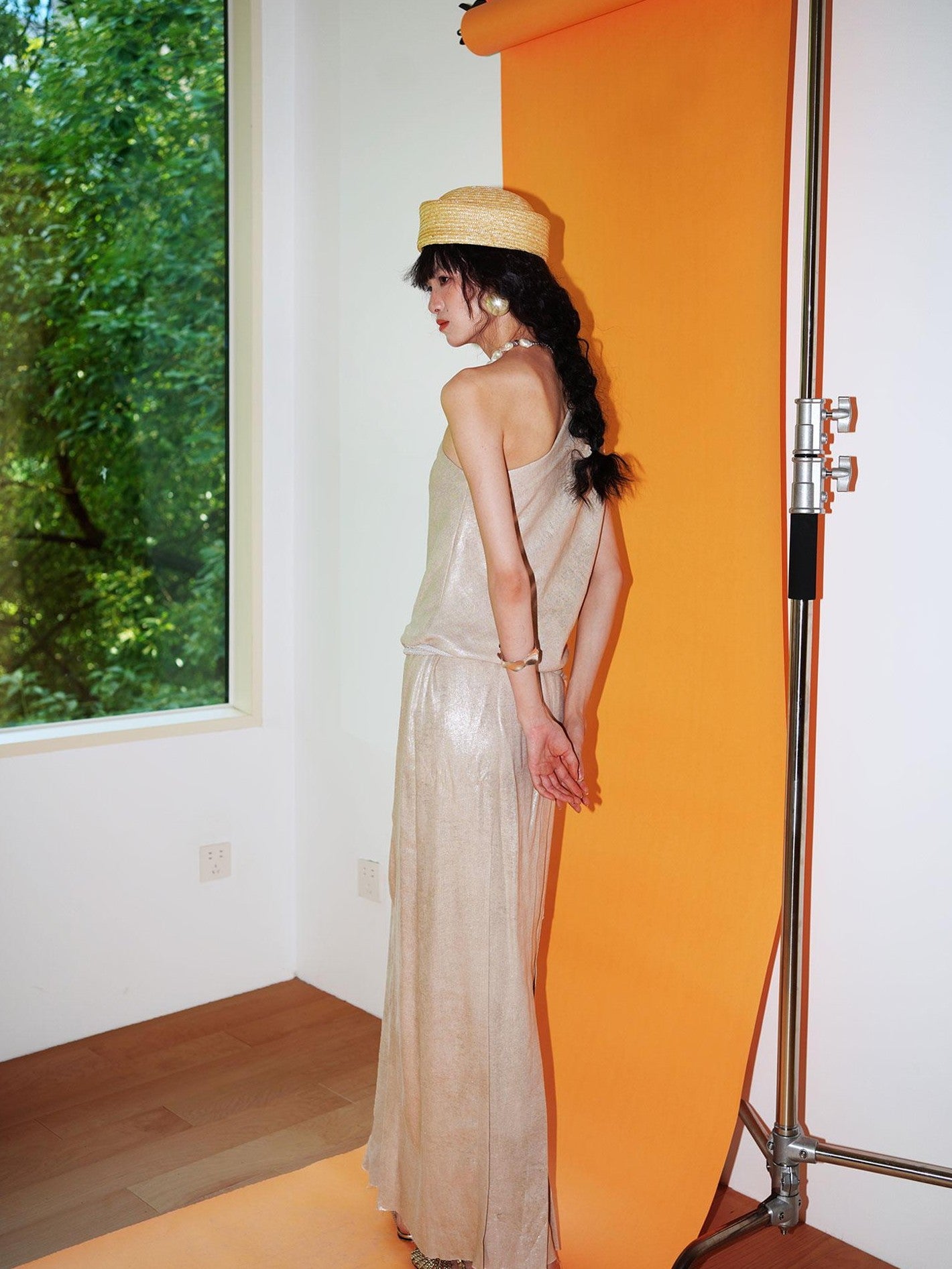 badtaste Gold One Shoulder Solid Women's Linen Ramie Halter Maxi Dresses