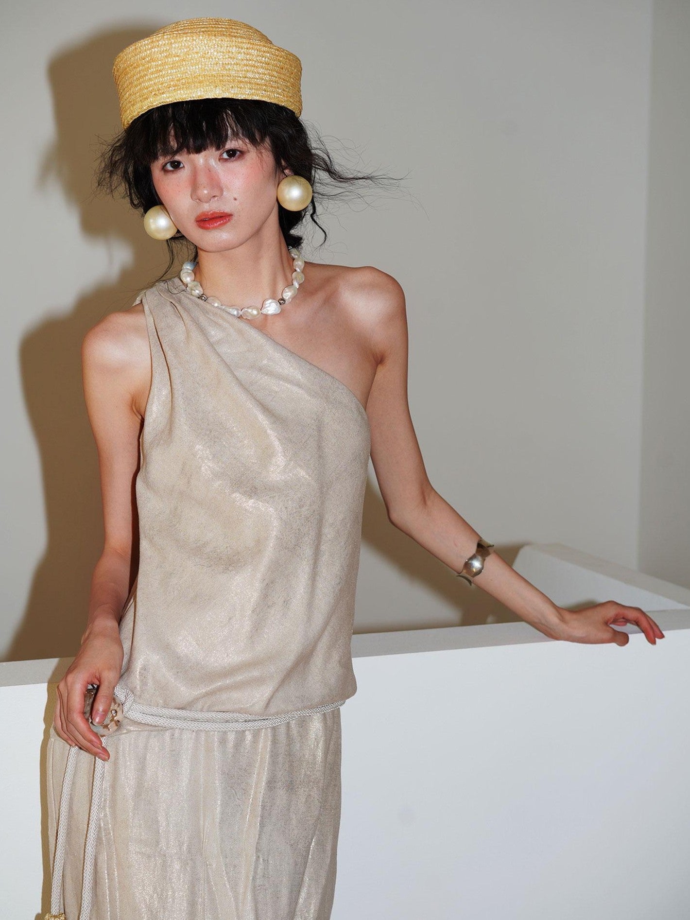badtaste Gold One Shoulder Solid Women's Linen Ramie Halter Maxi Dresses