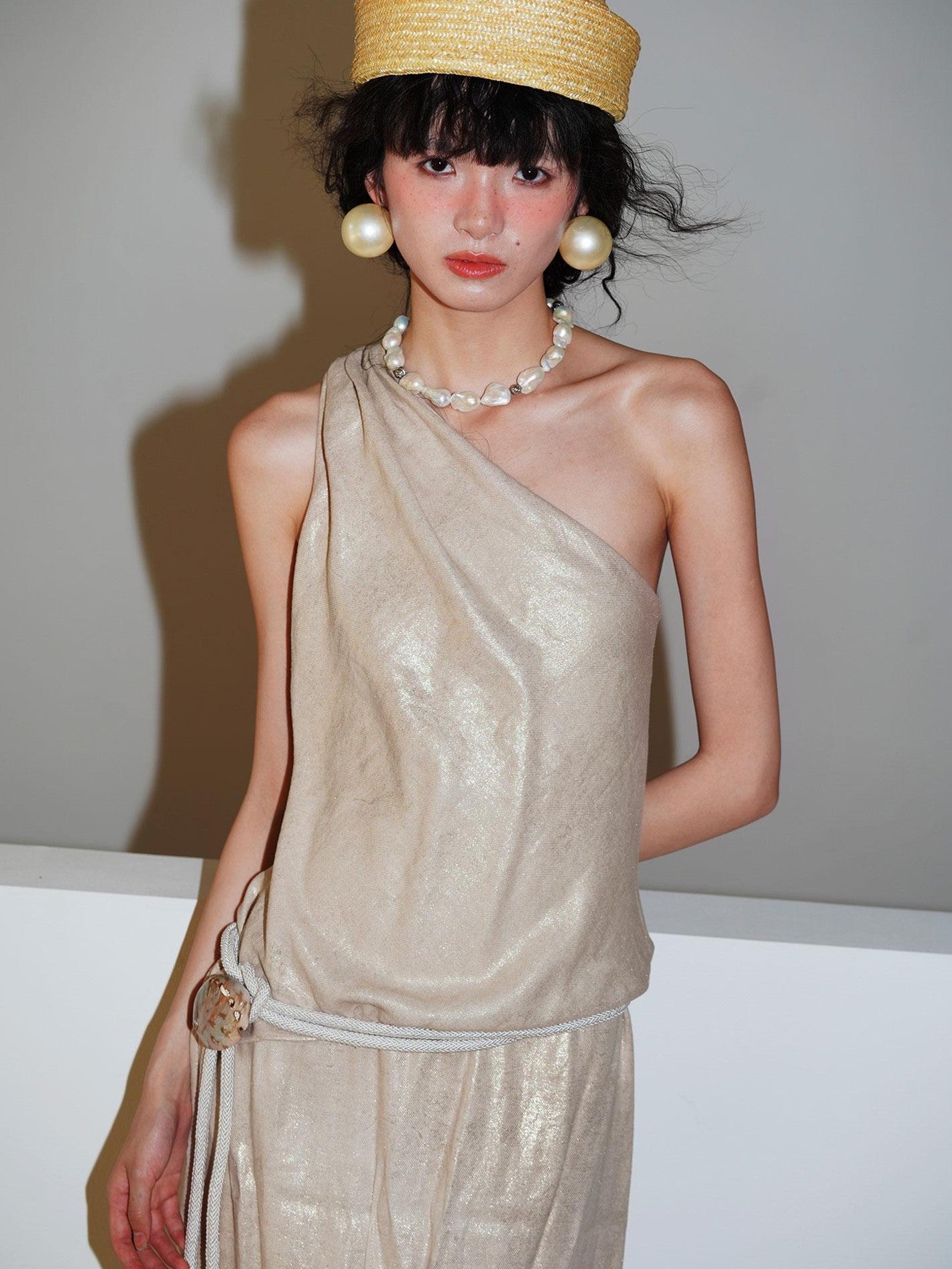 badtaste Gold One Shoulder Solid Women's Linen Ramie Halter Maxi Dresses