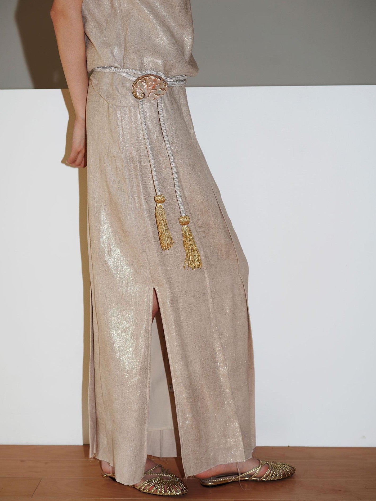 badtaste Gold One Shoulder Solid Women's Linen Ramie Halter Maxi Dresses