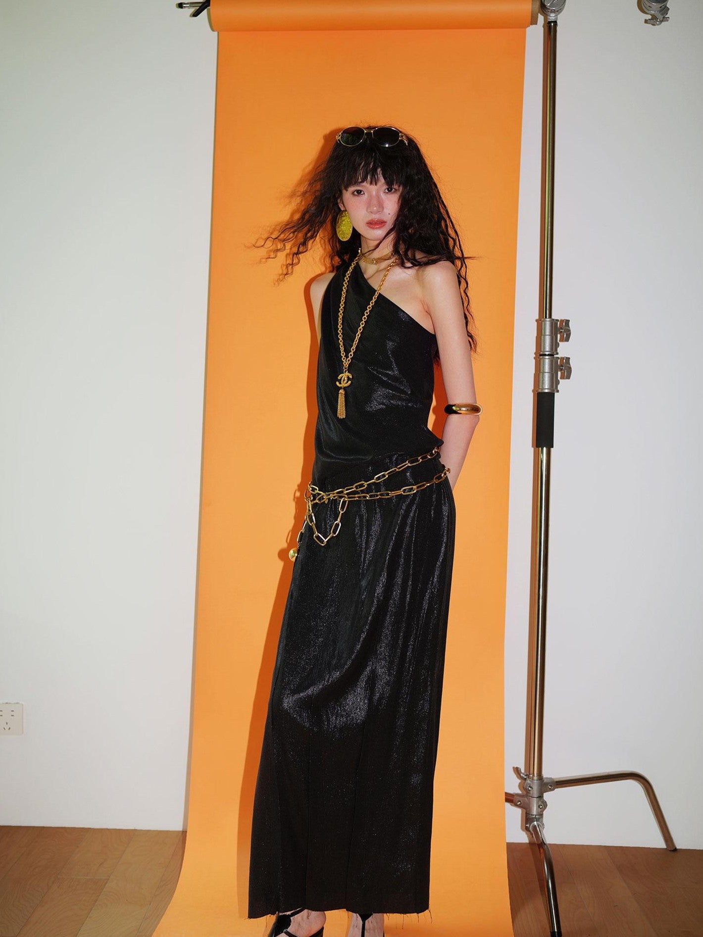 badtaste Gold One Shoulder Solid Women's Linen Ramie Halter Maxi Dresses