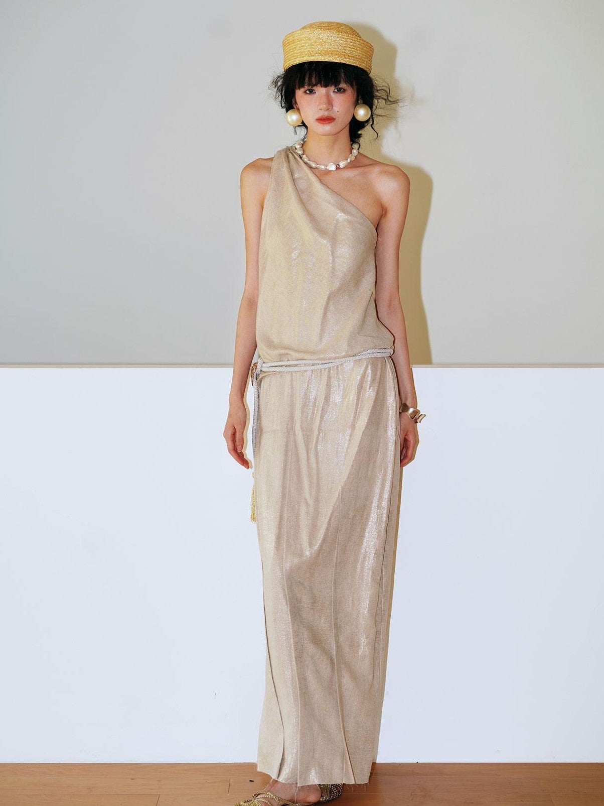 badtaste Gold One Shoulder Solid Women's Linen Ramie Halter Maxi Dresses