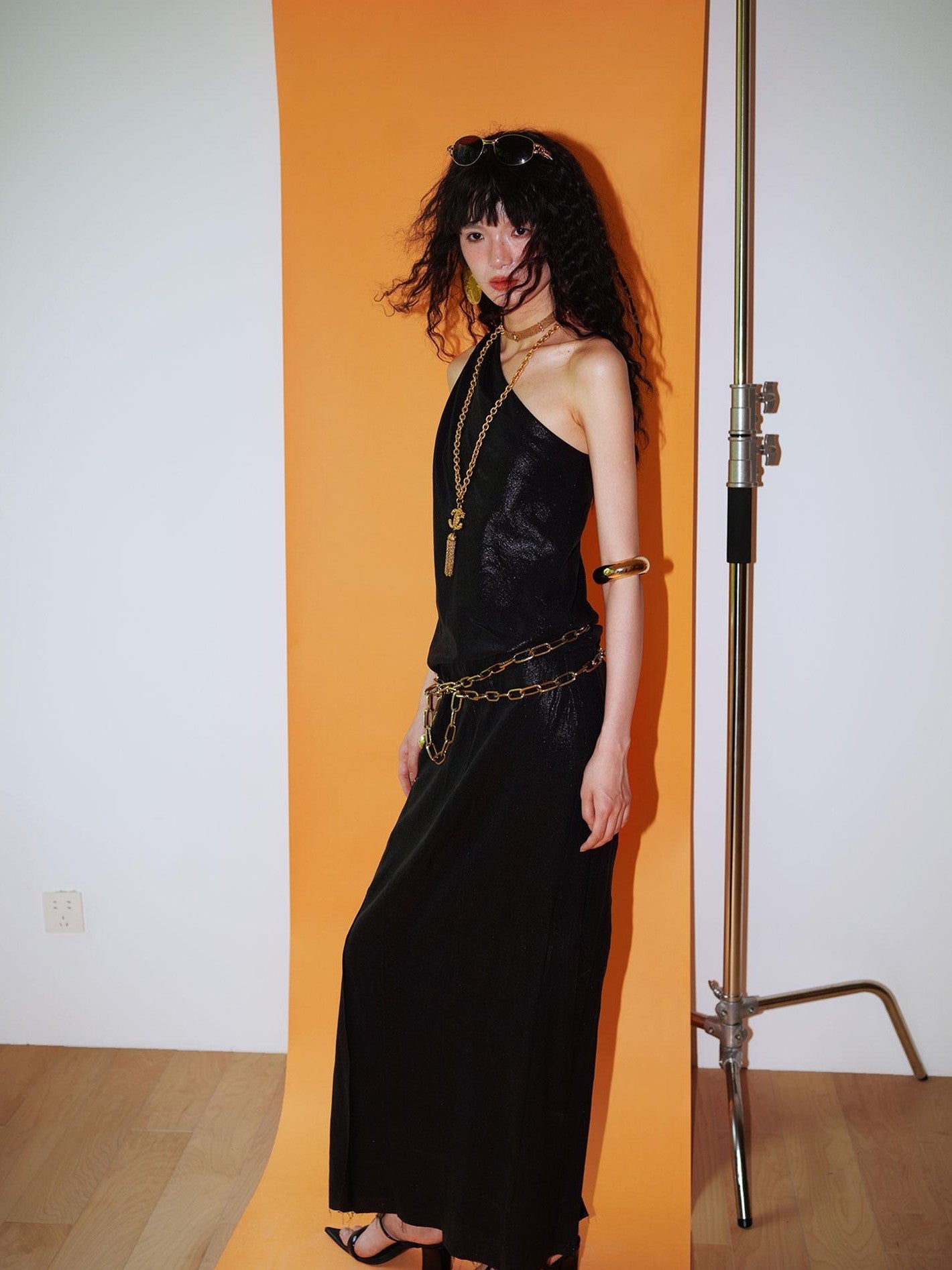 badtaste Gold One Shoulder Solid Women's Linen Ramie Halter Maxi Dresses