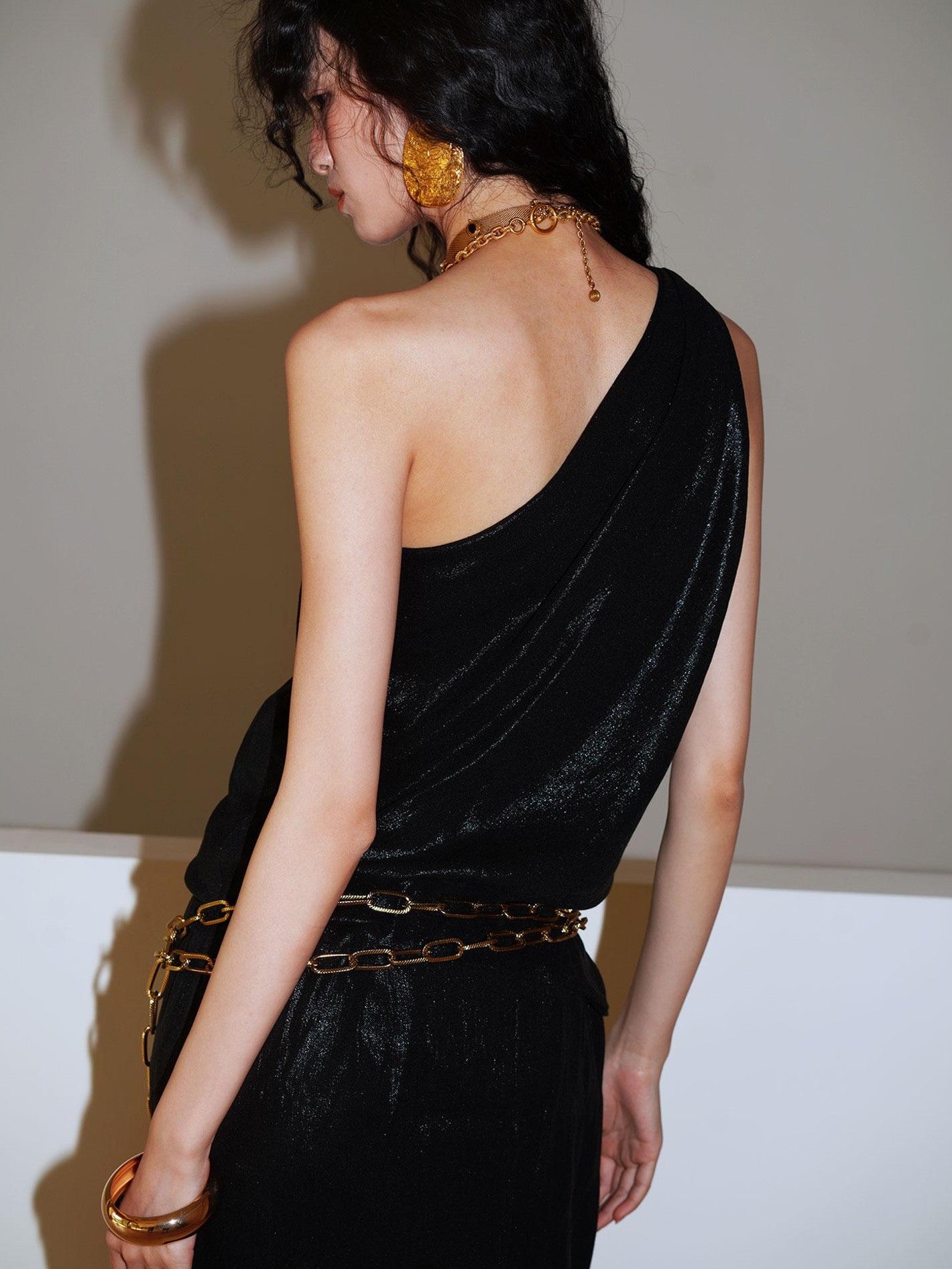 badtaste Gold One Shoulder Solid Women's Linen Ramie Halter Maxi Dresses