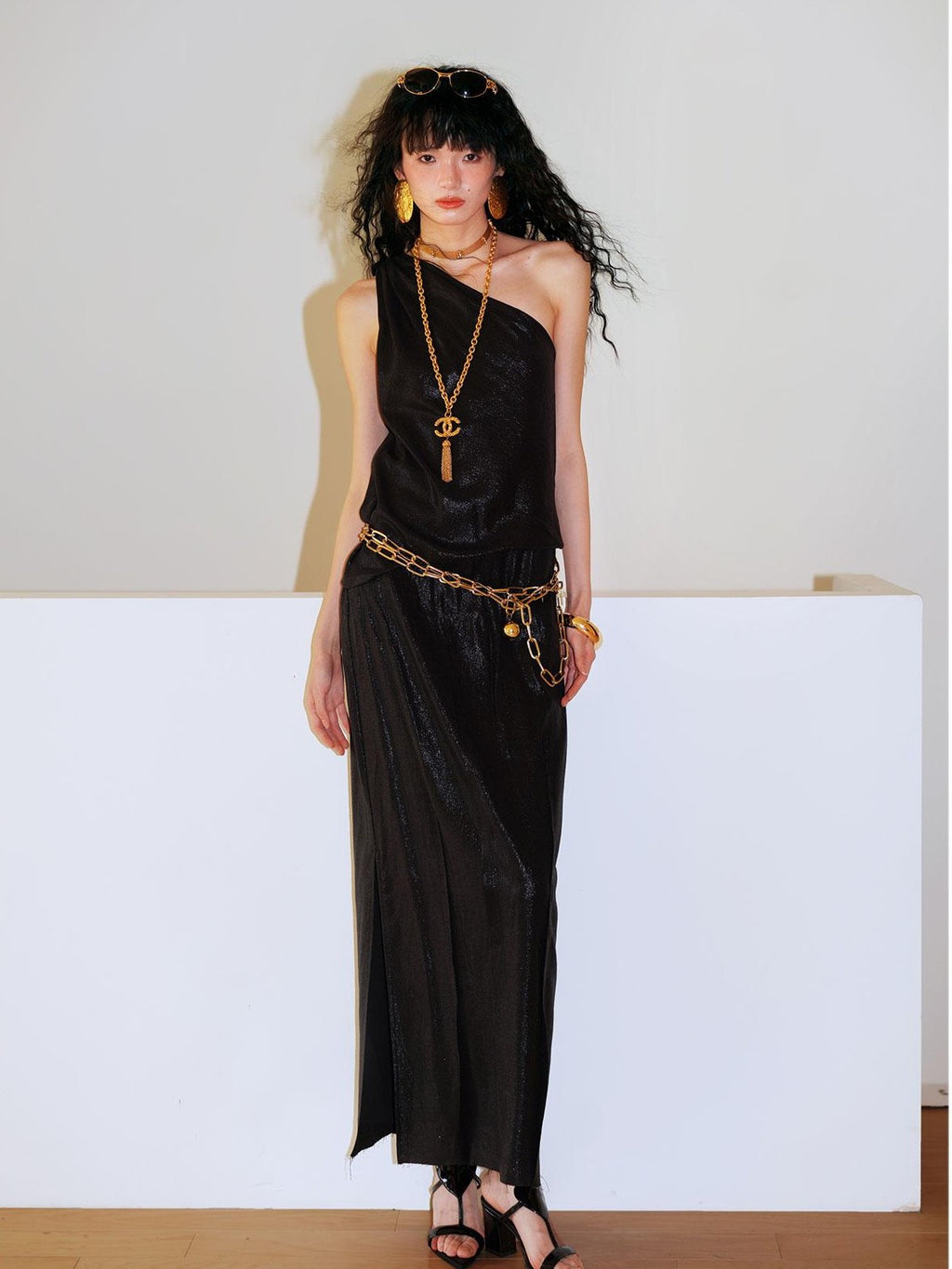 badtaste Gold One Shoulder Solid Women's Linen Ramie Halter Maxi Dresses