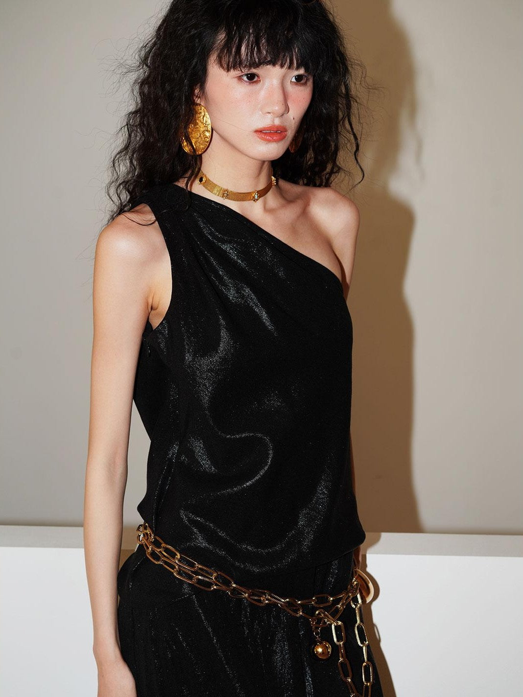 badtaste Gold One Shoulder Solid Women's Linen Ramie Halter Maxi Dresses