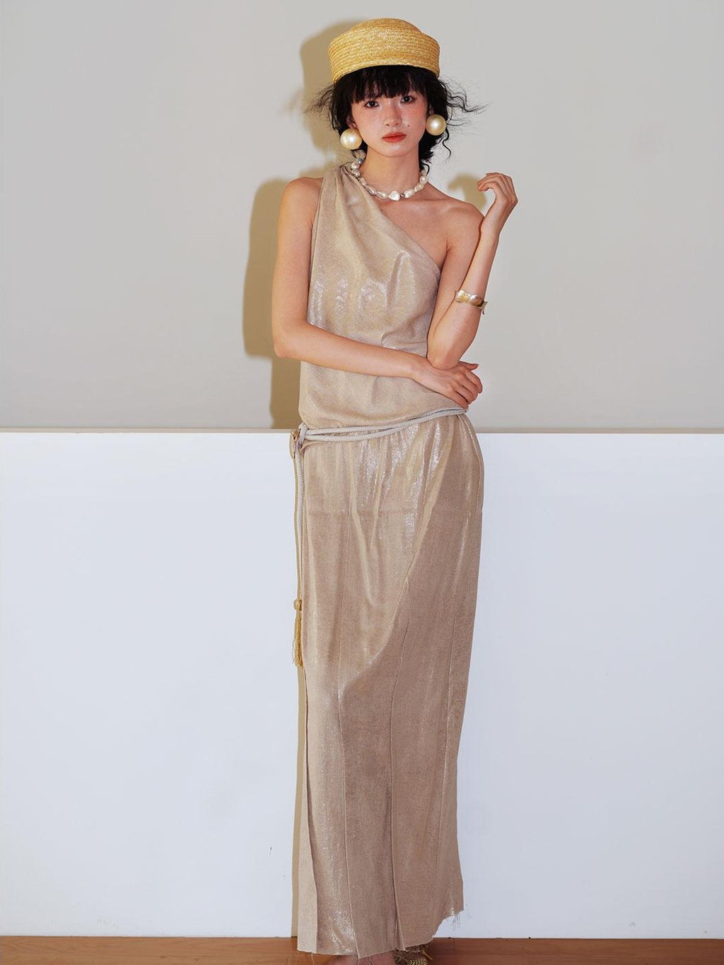 badtaste Gold One Shoulder Solid Women's Linen Ramie Halter Maxi Dresses