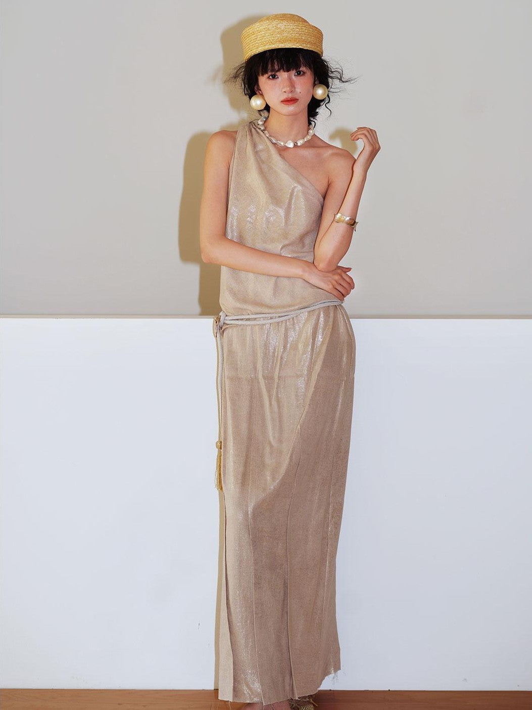 badtaste Gold One Shoulder Solid Women's Linen Ramie Halter Maxi Dresses