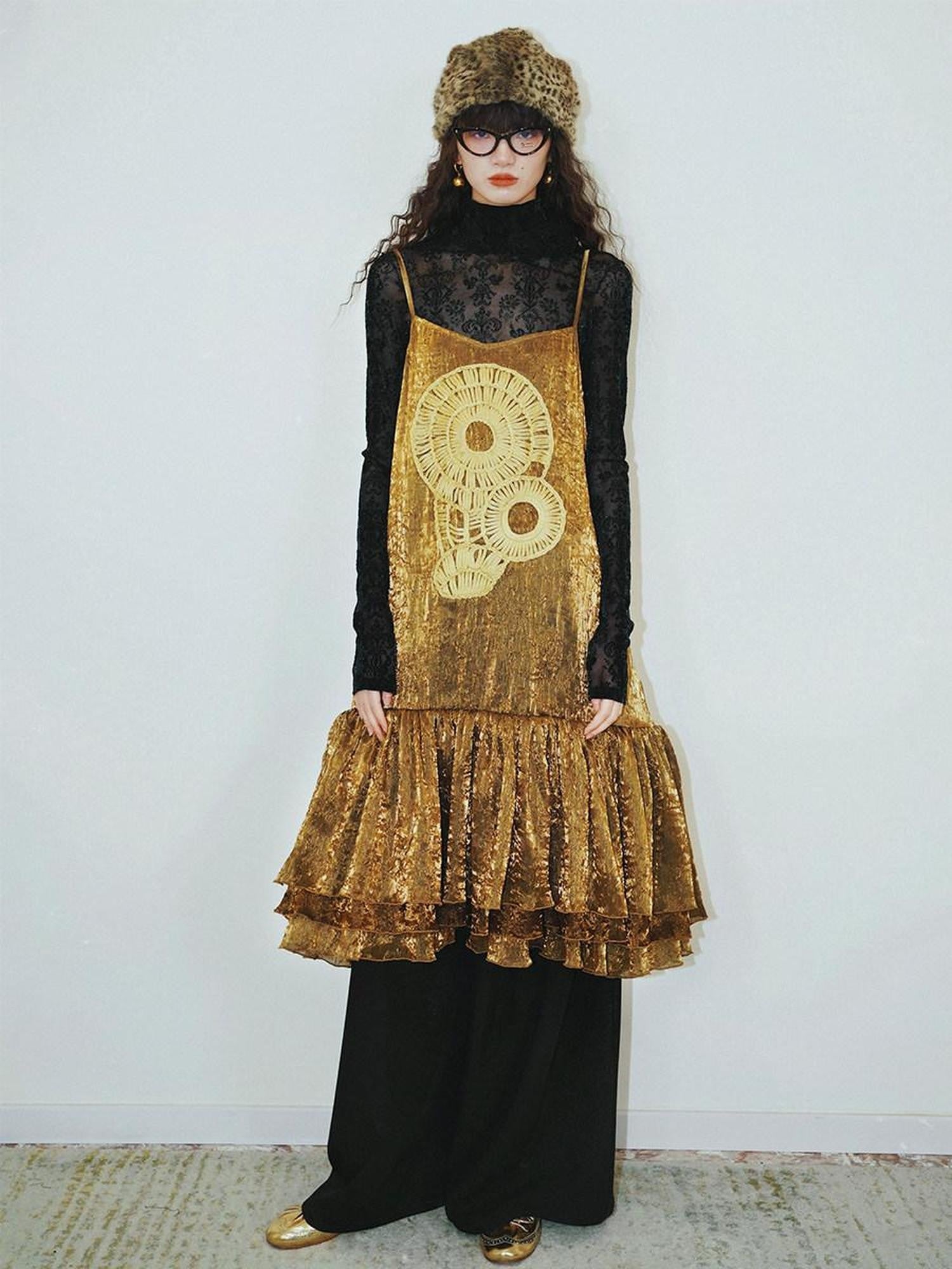 badtaste Gold Shimmer Pleated Semi Sheer Women's Polyester Slip Midi Dresses