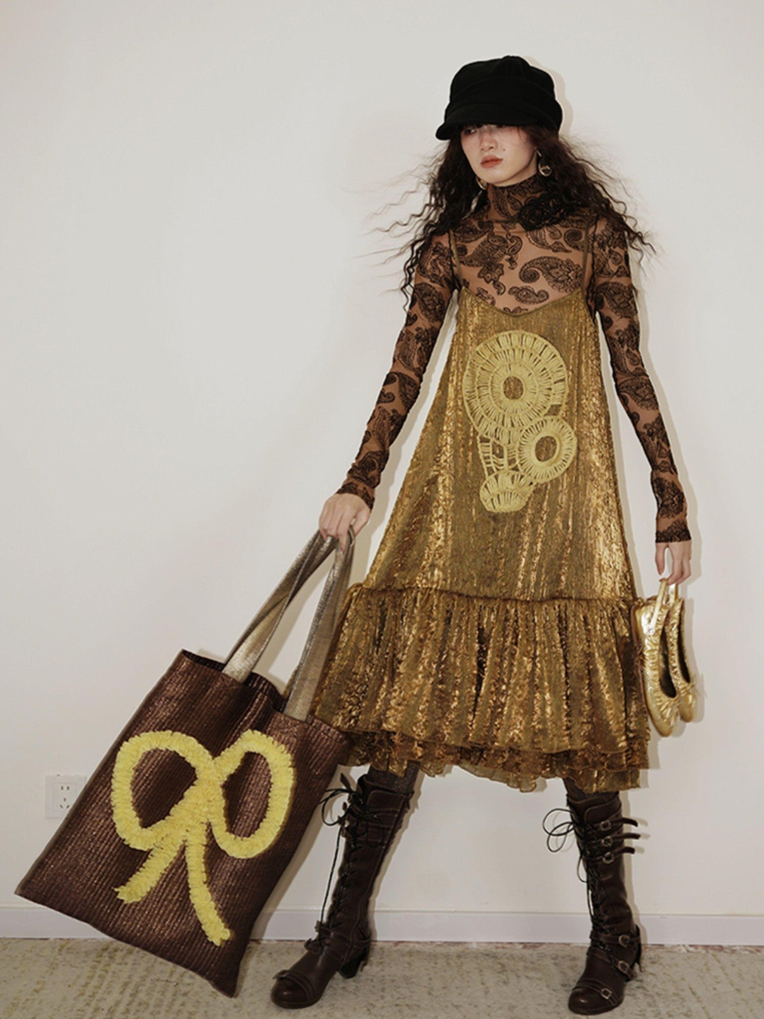badtaste Gold Shimmer Pleated Semi Sheer Women's Polyester Slip Midi Dresses