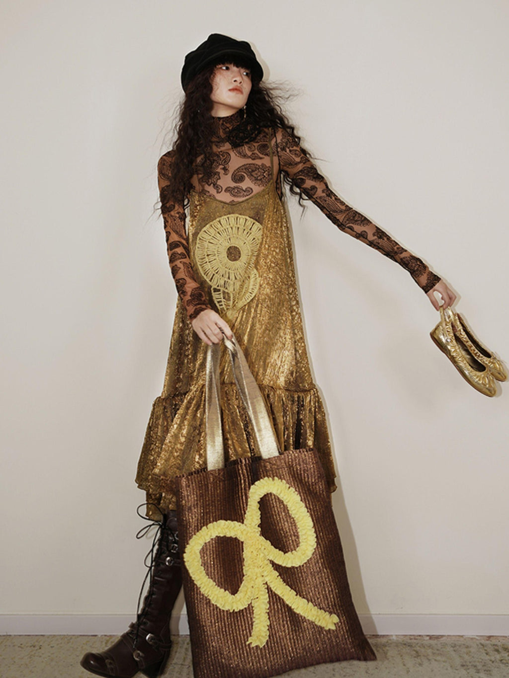badtaste Gold Shimmer Pleated Semi Sheer Women's Polyester Slip Midi Dresses