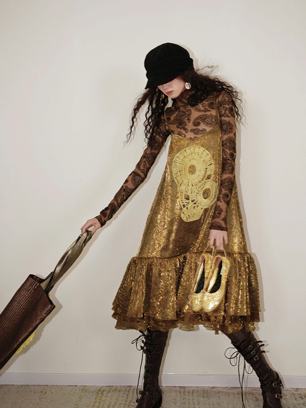 badtaste Gold Shimmer Pleated Semi Sheer Women's Polyester Slip Midi Dresses