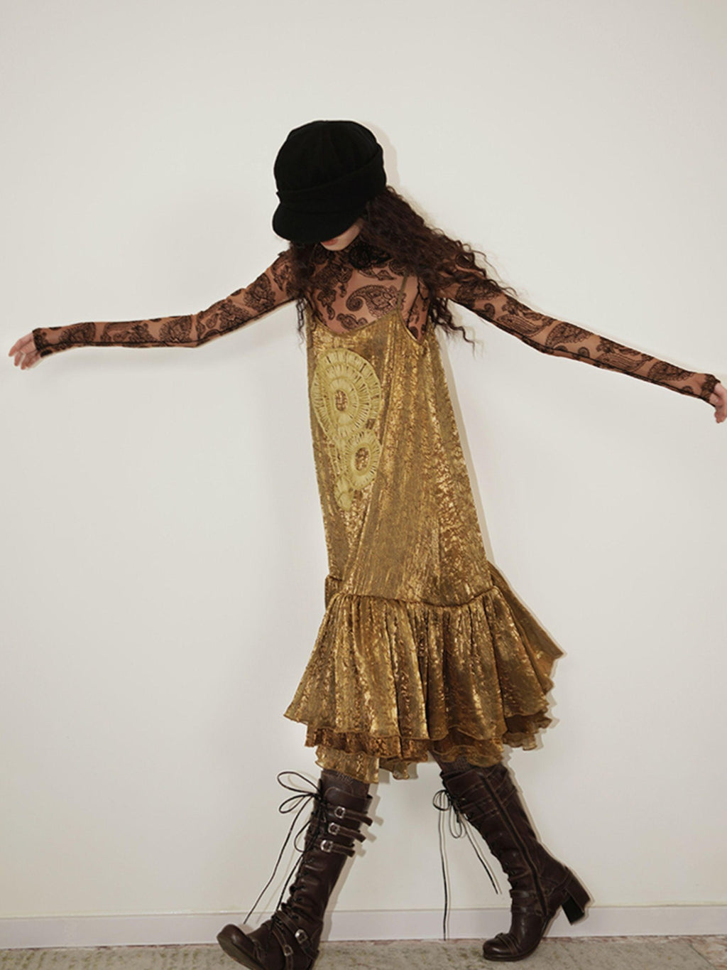 badtaste Gold Shimmer Pleated Semi Sheer Women's Polyester Slip Midi Dresses