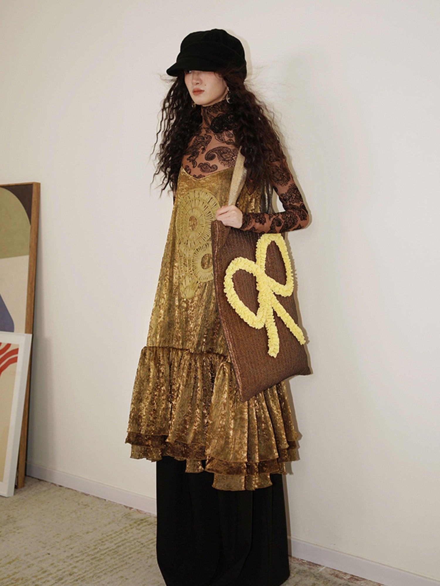 badtaste Gold Shimmer Pleated Semi Sheer Women's Polyester Slip Midi Dresses