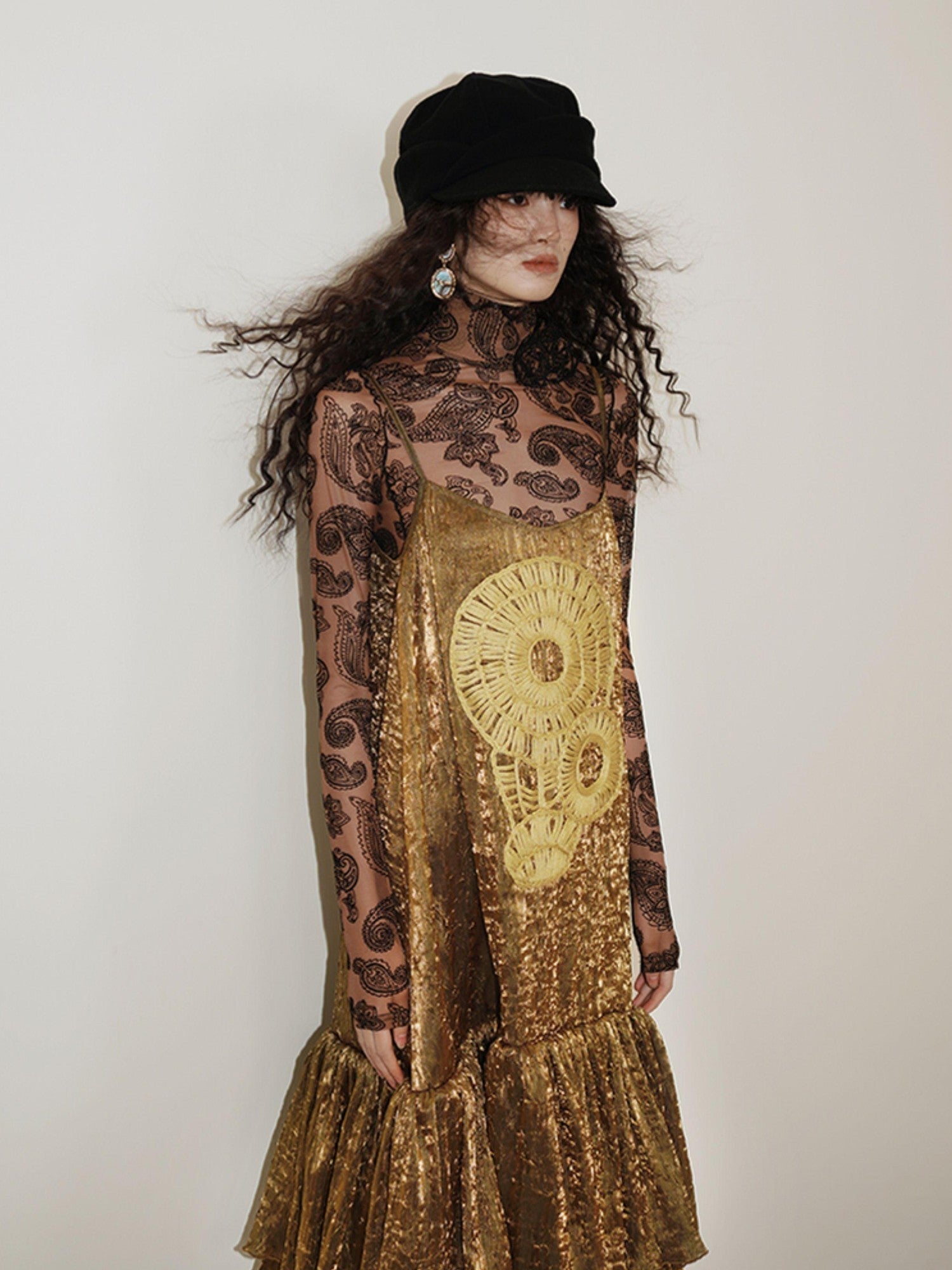 badtaste Gold Shimmer Pleated Semi Sheer Women's Polyester Slip Midi Dresses