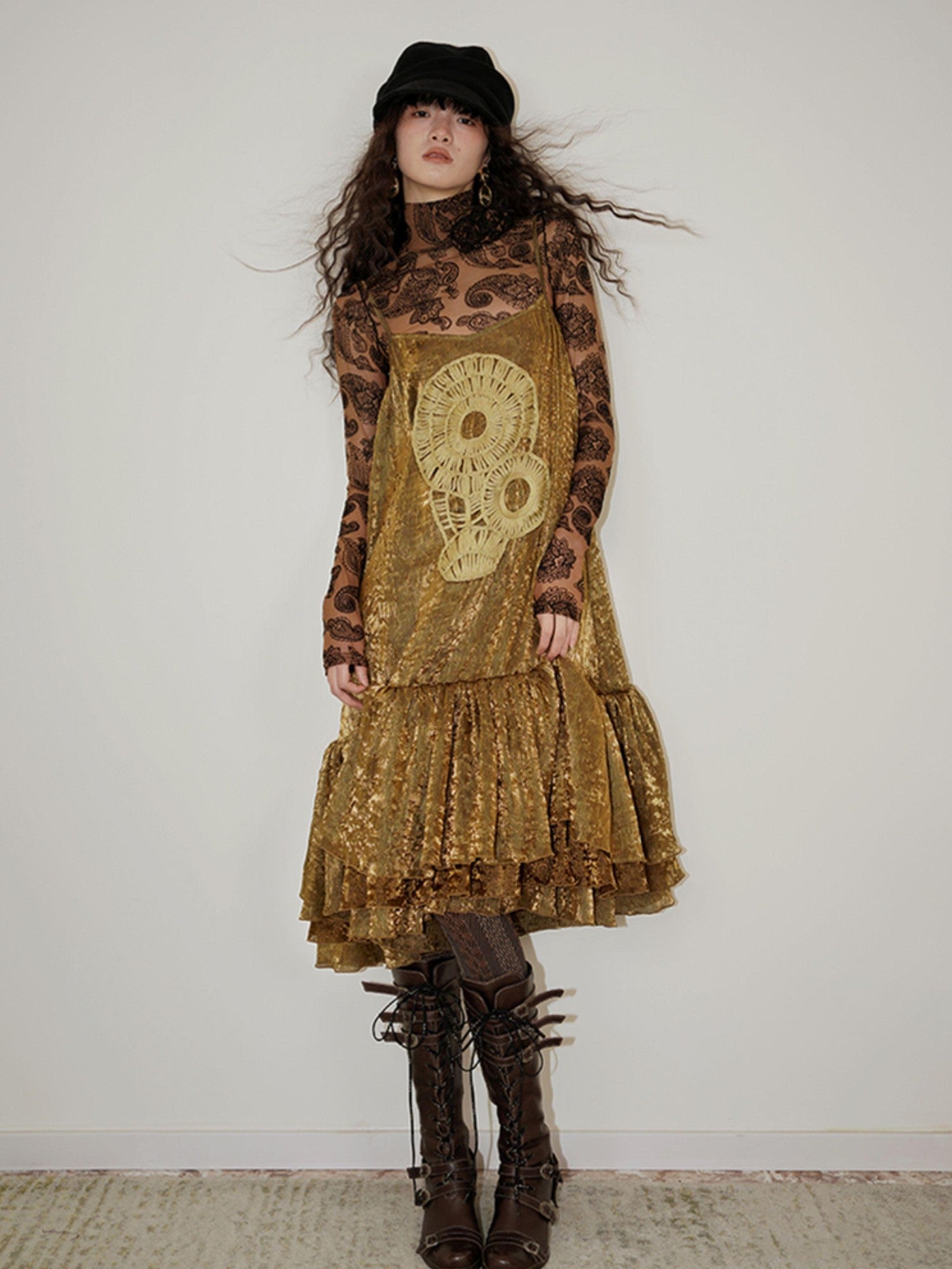 badtaste Gold Shimmer Pleated Semi Sheer Women's Polyester Slip Midi Dresses