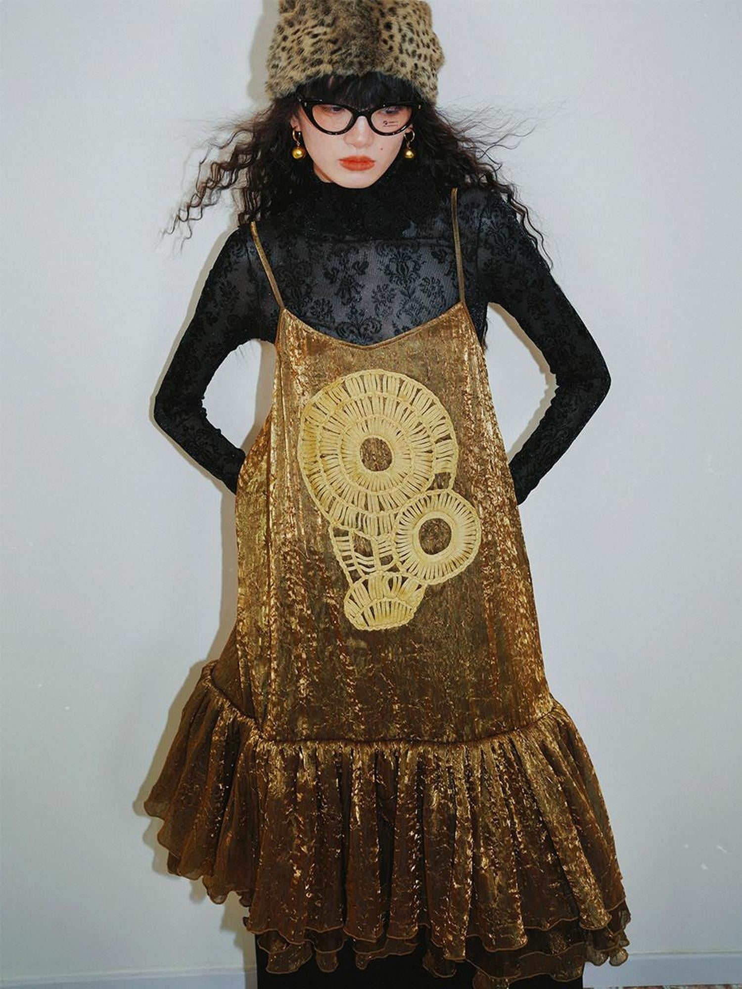 badtaste Gold Shimmer Pleated Semi Sheer Women's Polyester Slip Midi Dresses
